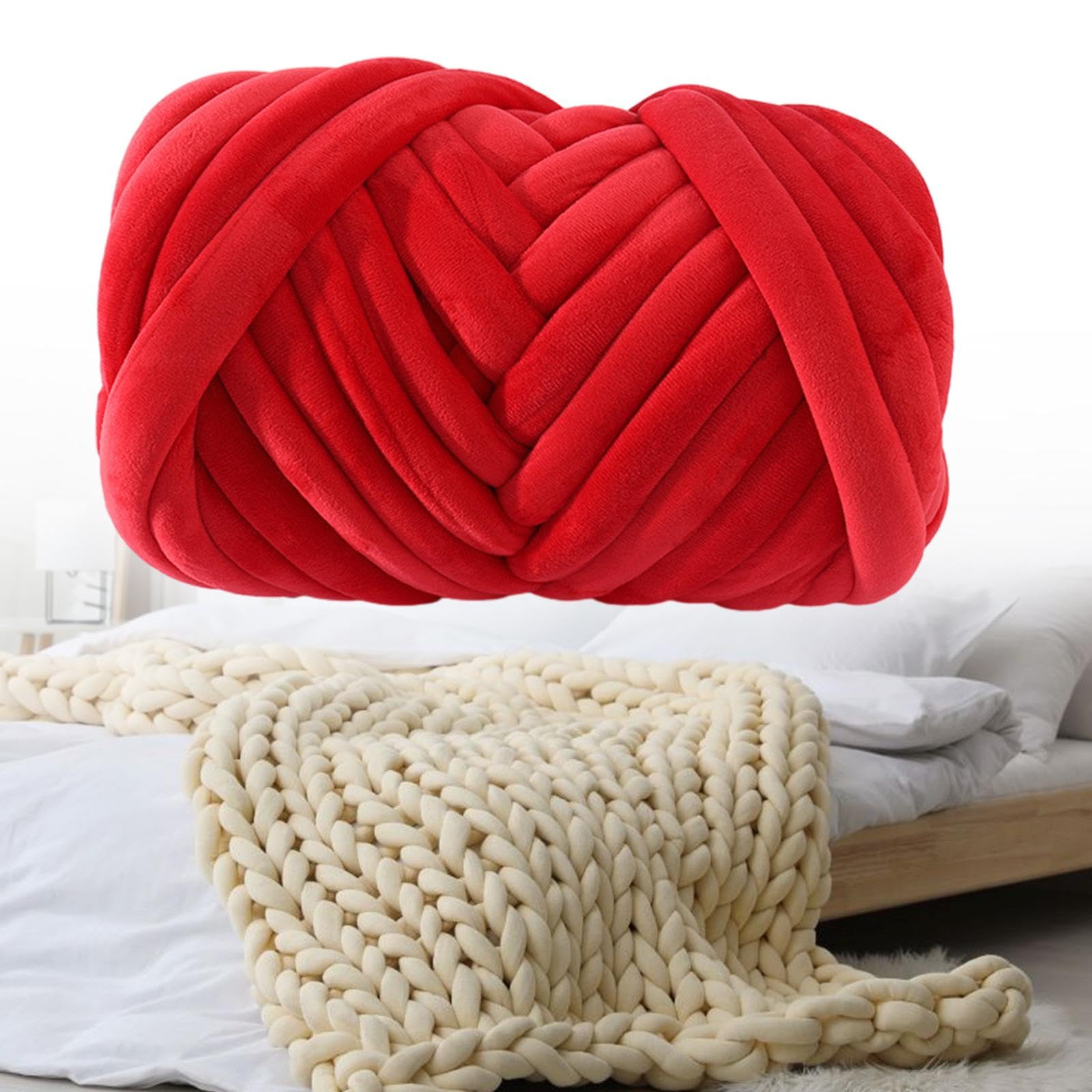 チャンキーニット毛糸 ベルベット 厚さ3cm 長さ40m 極太毛糸 ふわふわ編み糸 かさばる糸 スローマクラメ帽子 太い芯糸 毛布 肩掛け 寝具 ペットハウス ひざ掛け DIY手編みロープ 帽子 セーター クッション 多機能 編み物用 手芸 秋冬糸 - 赤