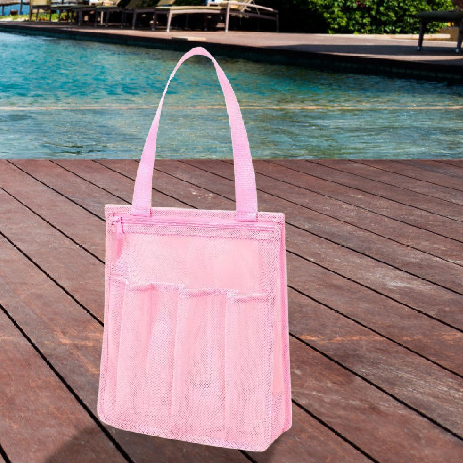 ポータブルメッシュシャワートートバッグ バスオーガナイザー 10x3.5x12.01インチ 便利な速乾トイレタリーバッグ キャンプ 水泳 女/男 バスルーム用, ピンク