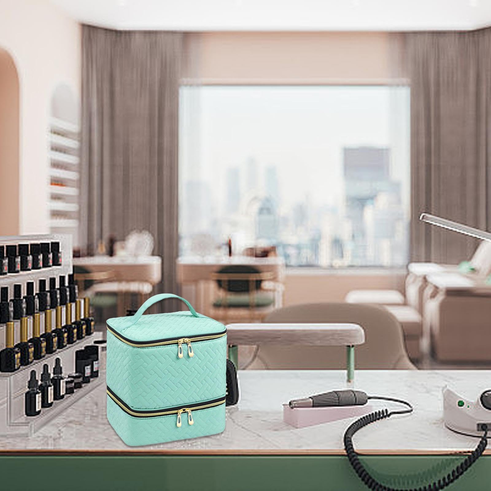 ネイルポリッシュオーガナイザーは30本のボトルとネイルランプを収納できます。丈夫な収納ボックス。マニキュアツール用の持ち運び可能なネイルポリッシュキャリングケース。, 緑