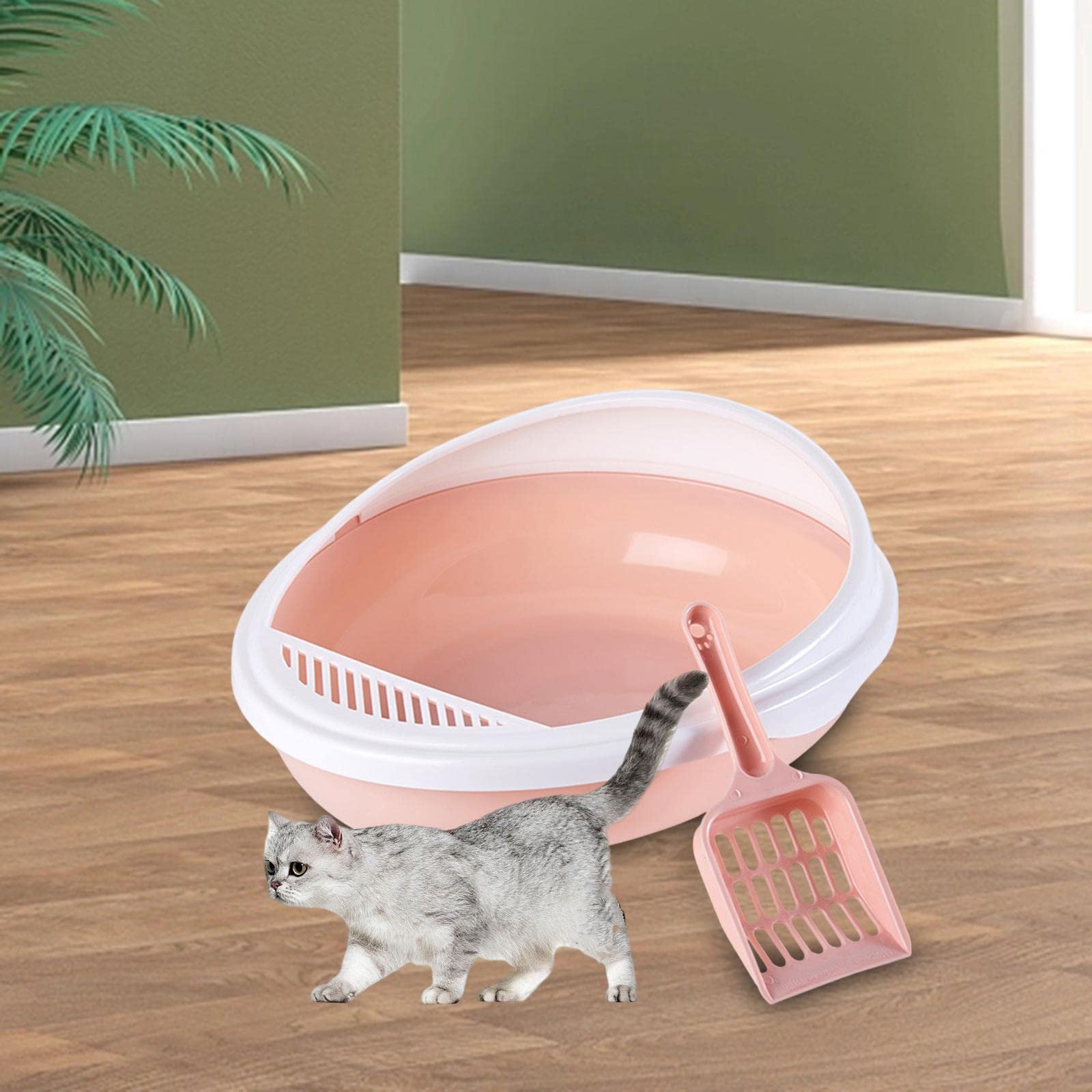 スクーパー付き猫用トイレ オープン猫用トイレ リム付き ガード付き 猫用トイレ フレーム付き 子猫用トイレ 猫用トイレ, ピンク