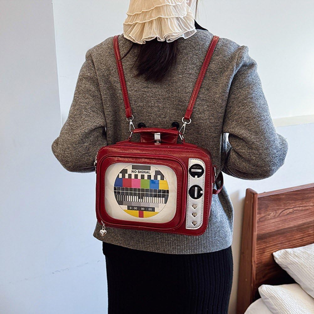 ショルダーバッグ レトロ テレビ シェイプショルダーバッグ スクリーン インサート付き クロスボディバッグ クリアウィンドウ Puレザー レディース（黒）
