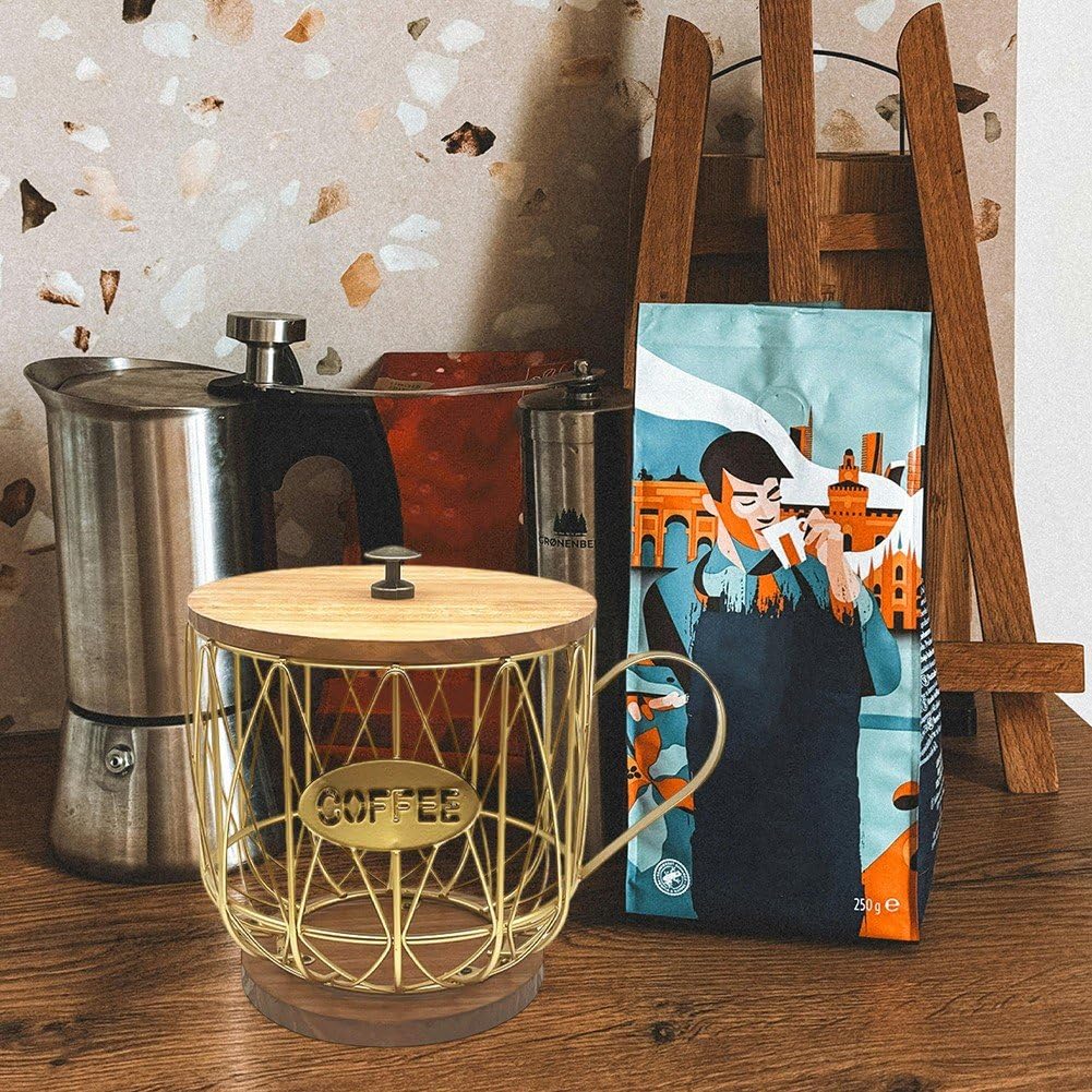 コーヒーポッドホルダー コーヒーカプセルホルダーワイヤーカップ収納バスケット 木製ベース 蓋付き ホーム オフィス コーヒー バー アクセサリー（金）(3)