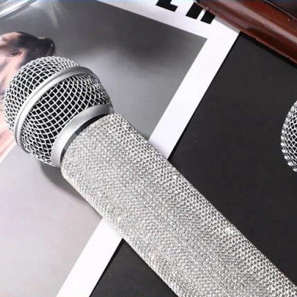 マイクハンドルカバー キラキラ マイクハンドルスリーブ ラインストーン付き パーティー テレビ番組用 ユニバーサル ワイヤレスマイク用 シルバー