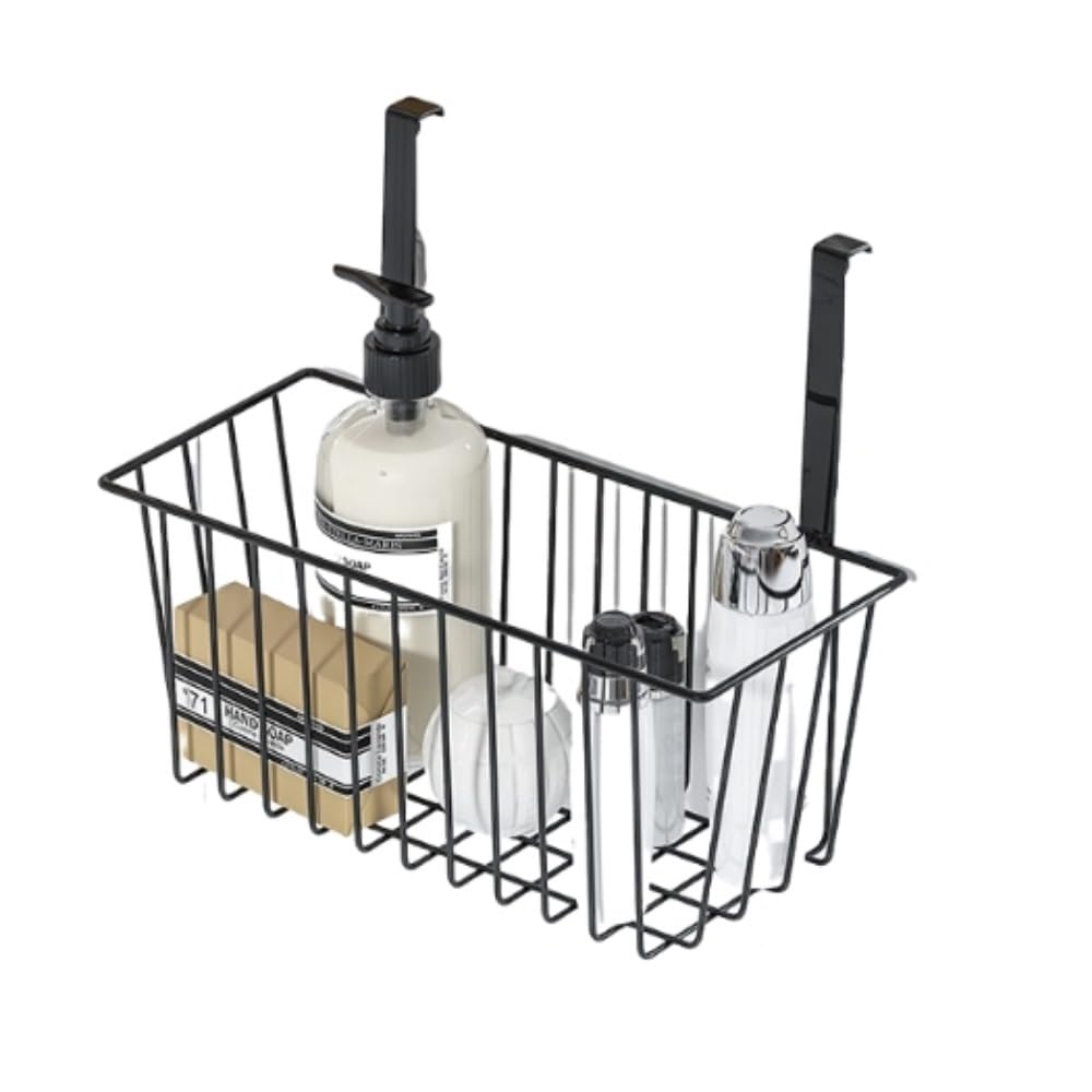 アピネスの吊り下げドアラック収納吊り下げバスケットバスルームバスルームキッチンバルコニーキャビネットドアラック吊り下げバスケットアーティファクトバスルームバスケット、吊り下げバスルームラック、小物フック、おもちゃ収納 (ブラック,ダブルフック斜め口)｜アングル2