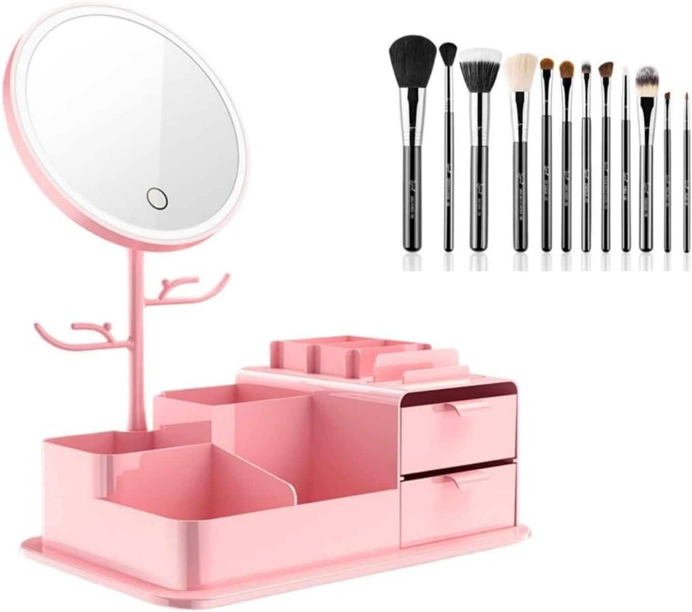 ミニドレッサー 化粧品収納ボックス 鏡付き LED ライトミラー 卓上鏡台 引き出し 3 色変光 無段階調光 ..