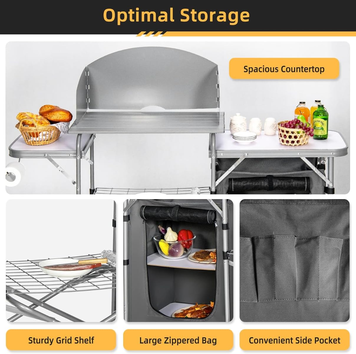 楽天アピネスアウトドアポータブル 折りたたみキャンプテーブル ガーデンキッチン収納テーブル キャリーバッグ ウィンドシールド メッシュドア収納食器棚 146x48x110cm ピクニック BBQ パーティー用O11