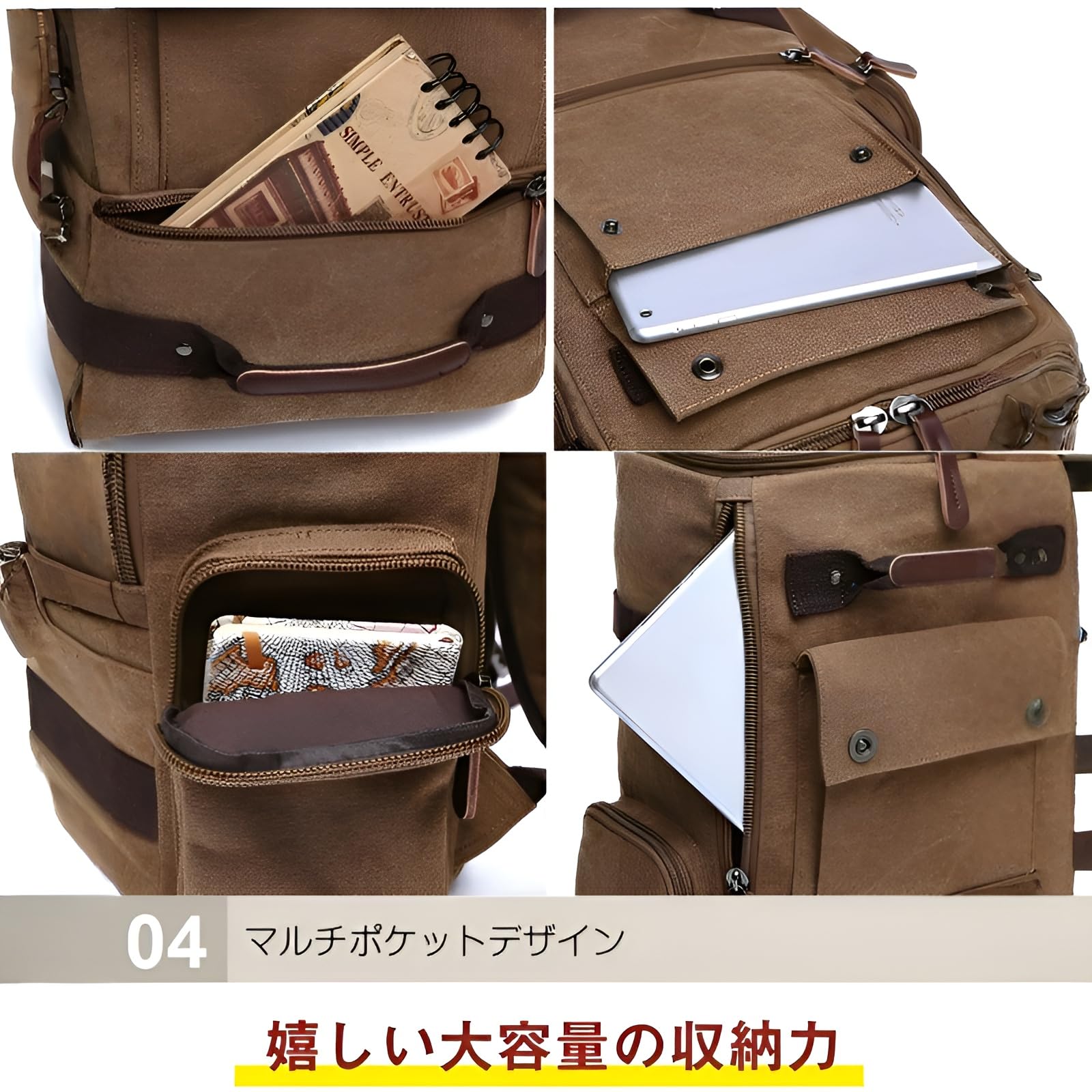 帆布リュック メンズ 大容量設計 大開口式+A4収納 ビジネス/通学兼用 軽量薄型 ポケット多数 キャンバス素材 ミリタリーデザイン クラシック 通勤/旅行対応