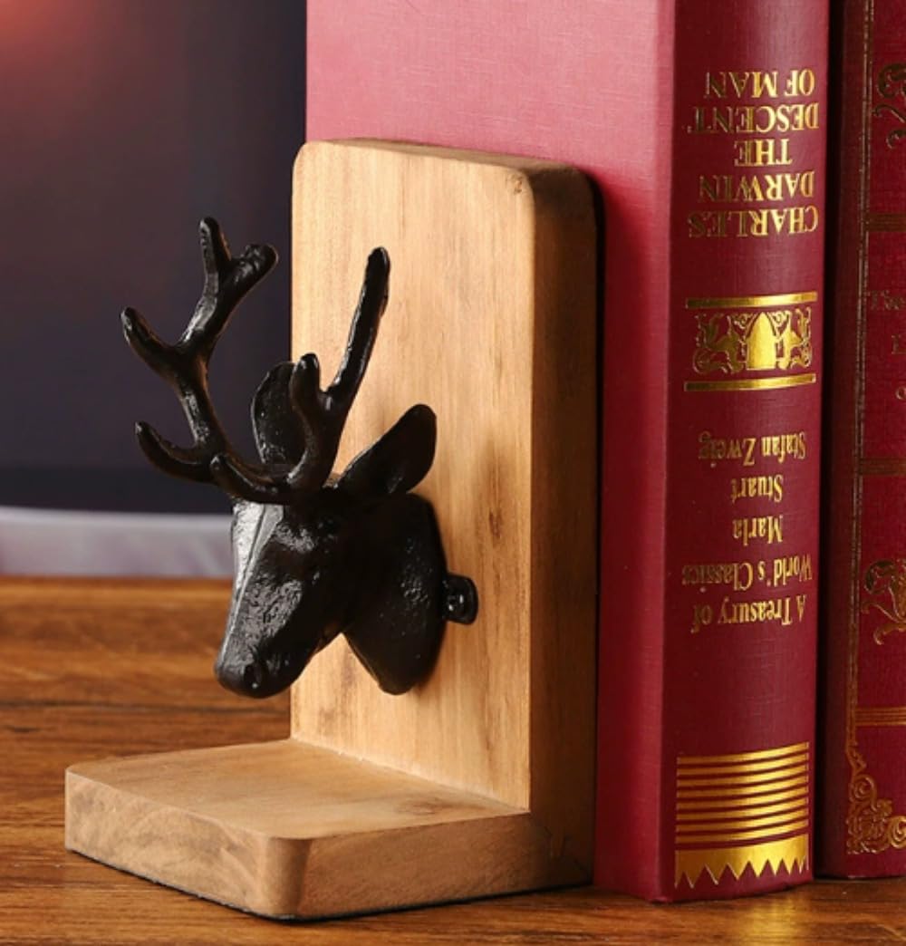 北欧の鹿の頭の無垢材ブックエンドクリエイティブブックエンド学生の勉強用品オフィスデスクトップ整理ホームデコレーション