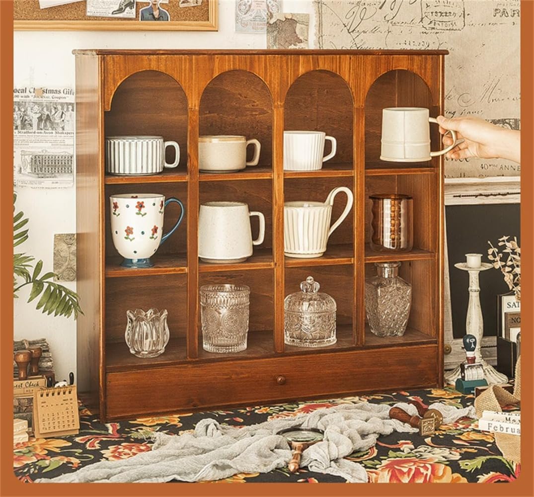 ミニ食器棚 ミニカップボード カップ収納棚 一人暮らし ミニ 木目調 ウォールナット カップホルダー ウォーターカップシェルフティー 完成品 簡単組立 収納ラック 木製 おしゃれ 引出し付き お椀 箸 調味料