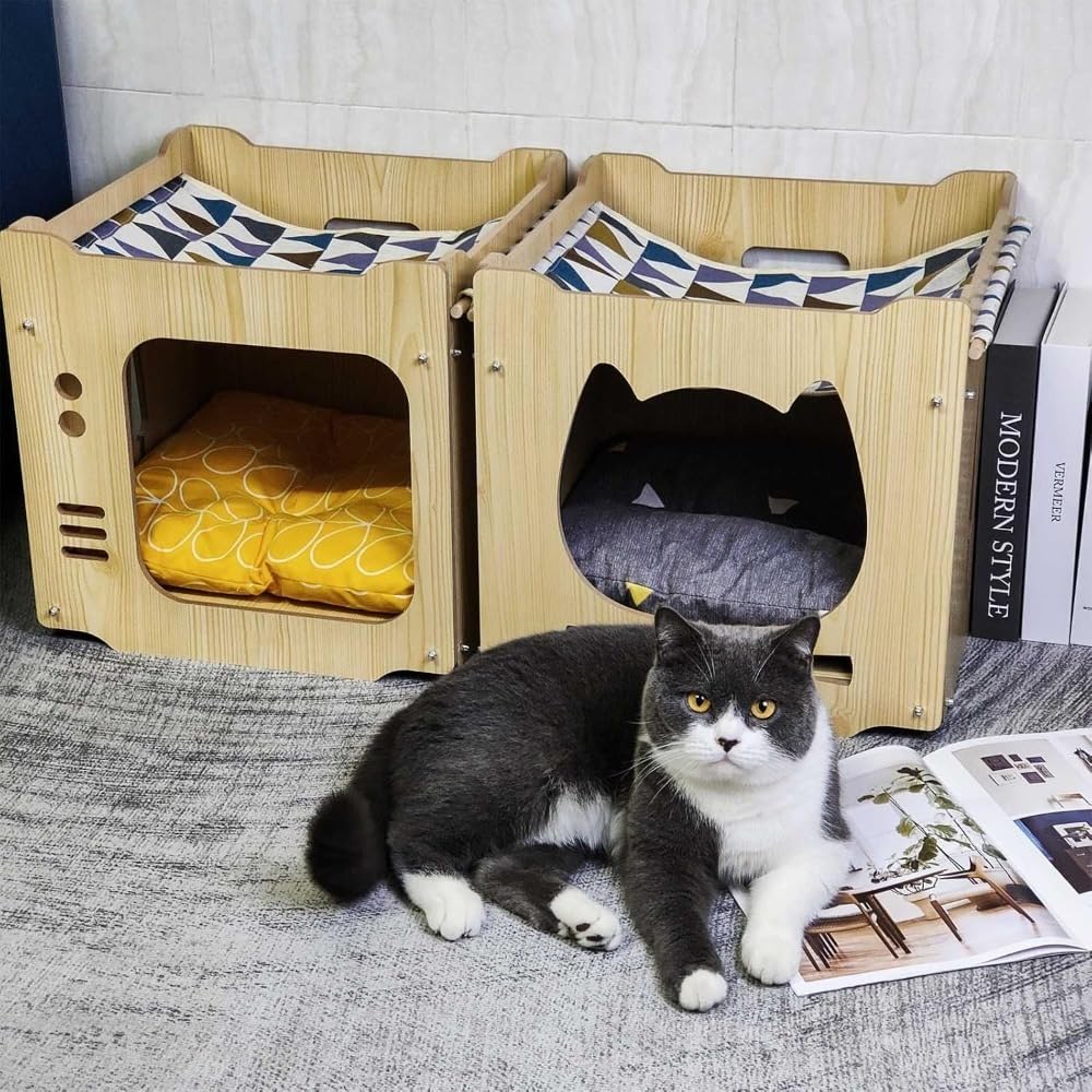 猫ハウス 木製 猫ベッド キャットハウス 猫ハンモックと厚手のクッション付き 冬用 夏用 猫小屋 ペットハウス 猫用 可愛い 組立簡単 安心安全 (テレビ,L)