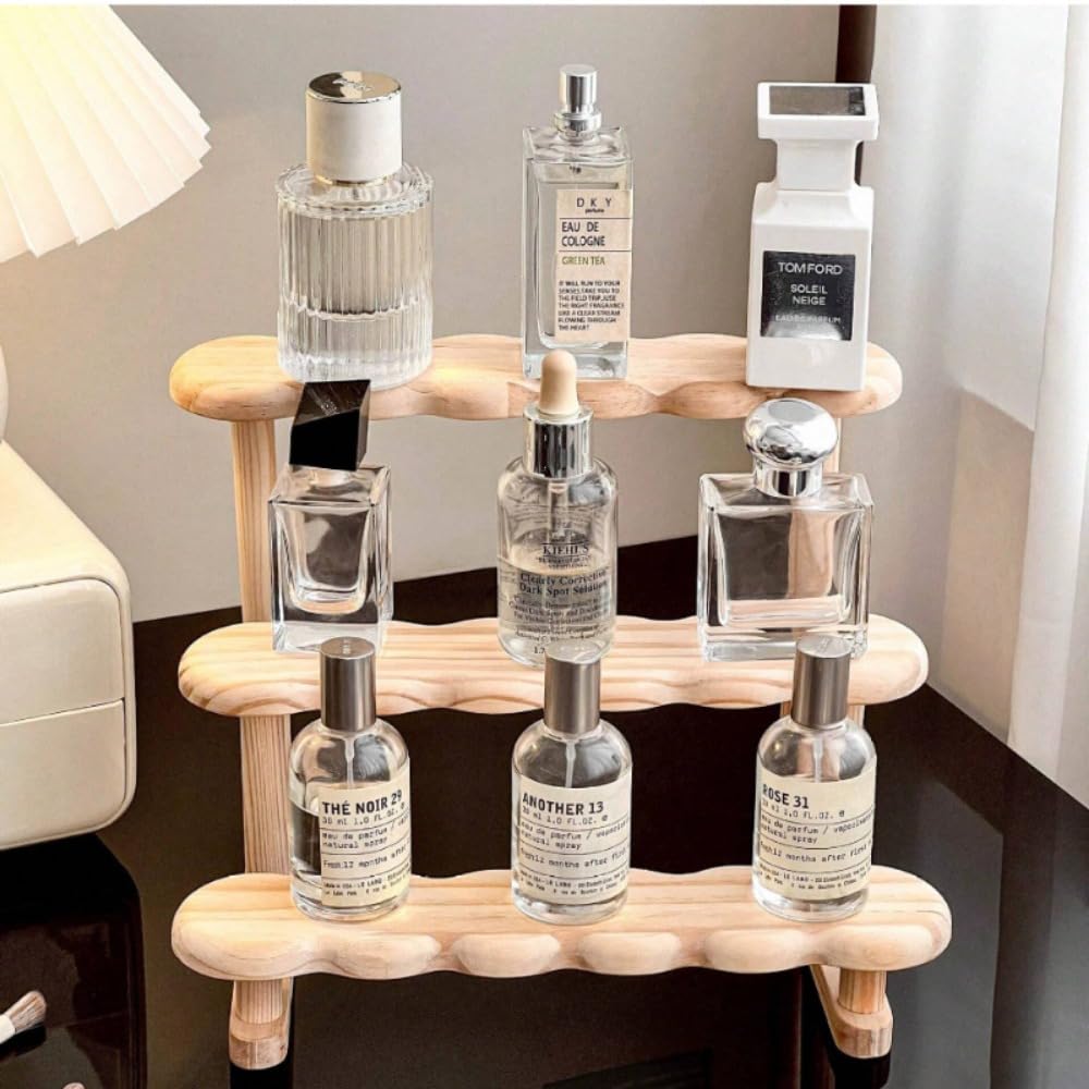 木製香水ラック、家庭用化粧品収納ラック、アンティークスタイルのメイクアップデスクトップ装飾品 (ナチュラルウッドカラー3層)