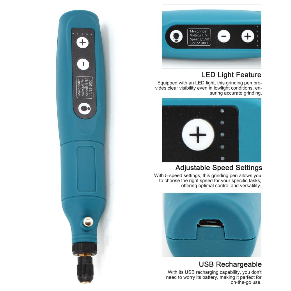 ポータブルカービングペン、コードレス USB 充電式彫刻ペン コンパクト電気ドリルペン ポータブル彫刻ペン 調整可能な速度彫刻機 LED ライト付き研削盤(3)