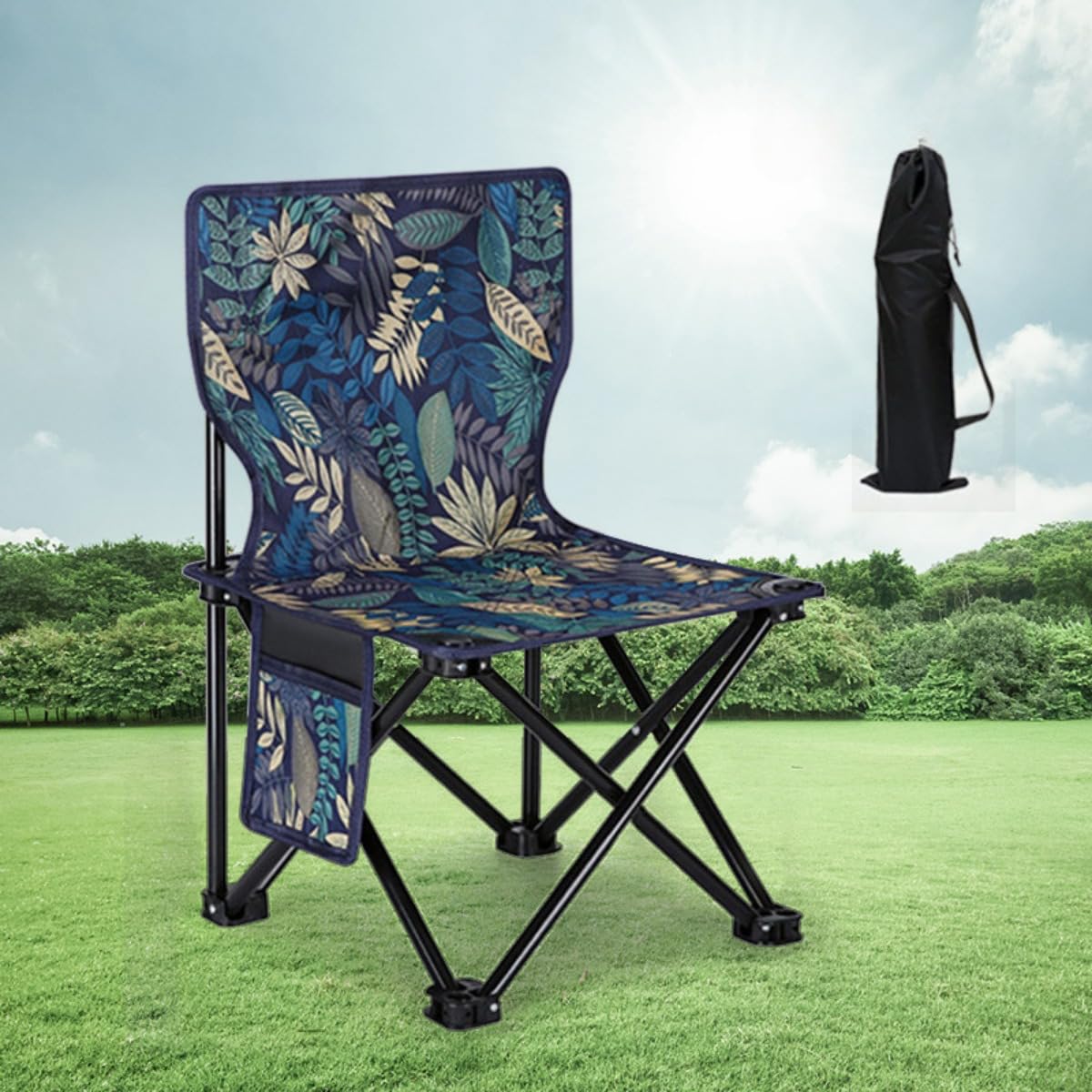 折りたたみチェア リクライニングチェア キャンプ 釣り アウトドア 軽量 120kg コンパクト 背もたれ 収納袋付き 耐荷重 持ち運び簡単 低反発 一泊 ピクニック (39*39*66cm,メープルリーフ柄)