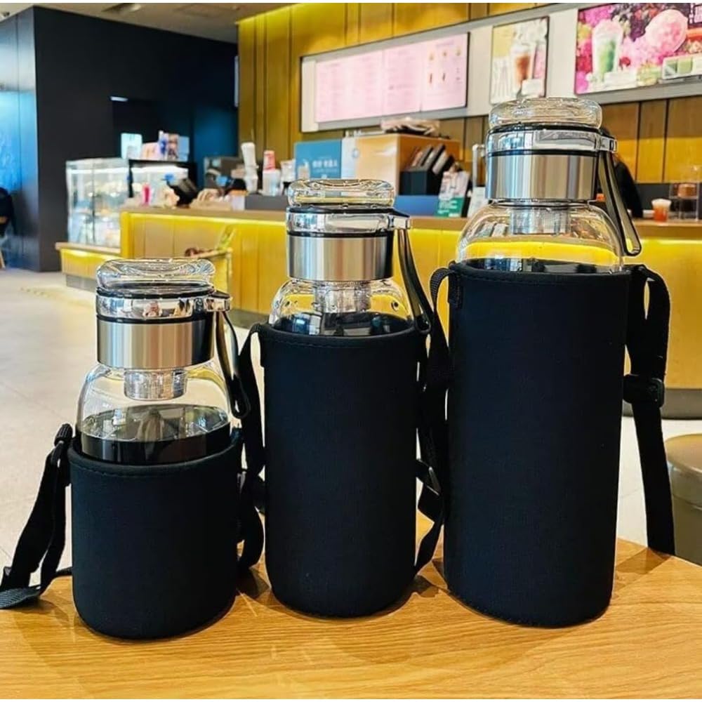 ガラス水筒 1300ml 高硼珪酸ガラス製 (茶こし・ストレーナー付き) 直飲み可能 漏れ防止設計 携帯用ウォ..