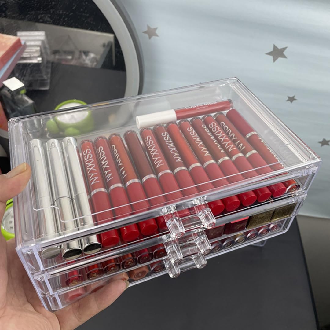口紅 収納ケース 化粧品収納ボックス 3段 引き出しデザイン 透明 大容量 防塵 防水 アクリル製 リップ..
