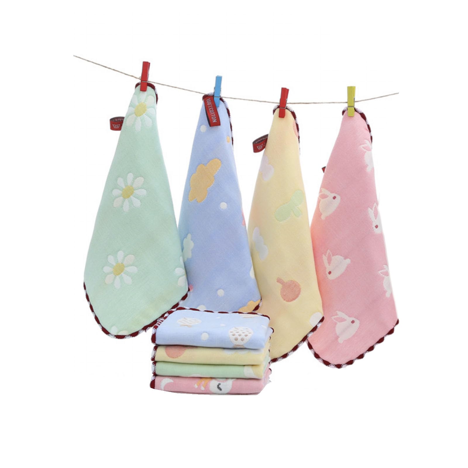 ガーゼ ハンカチ タオル フェイスタオル ハンドタオル ループ付き ガーゼハンカチ かわいいハンカチ ギフト 出産祝い 6重綿ガーゼ生地 ミニタオルハンカチ 25x25cm 4枚セット