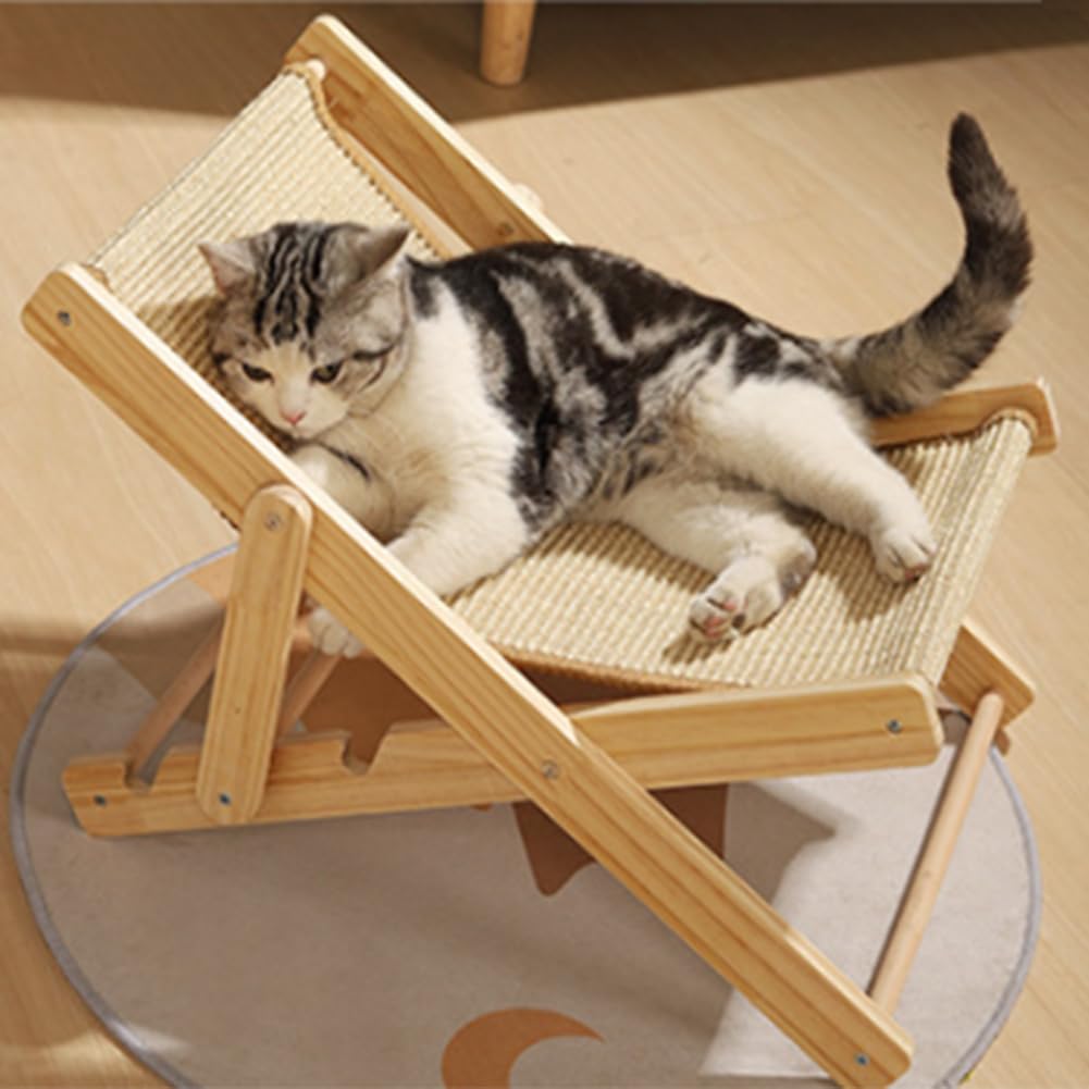 猫リクライニングチェア用スクラッチボード、高さ調節可能な折りたたみ式猫パーチ、耐荷重20kgの無垢材猫リクライニングチェア (ハンモック布)