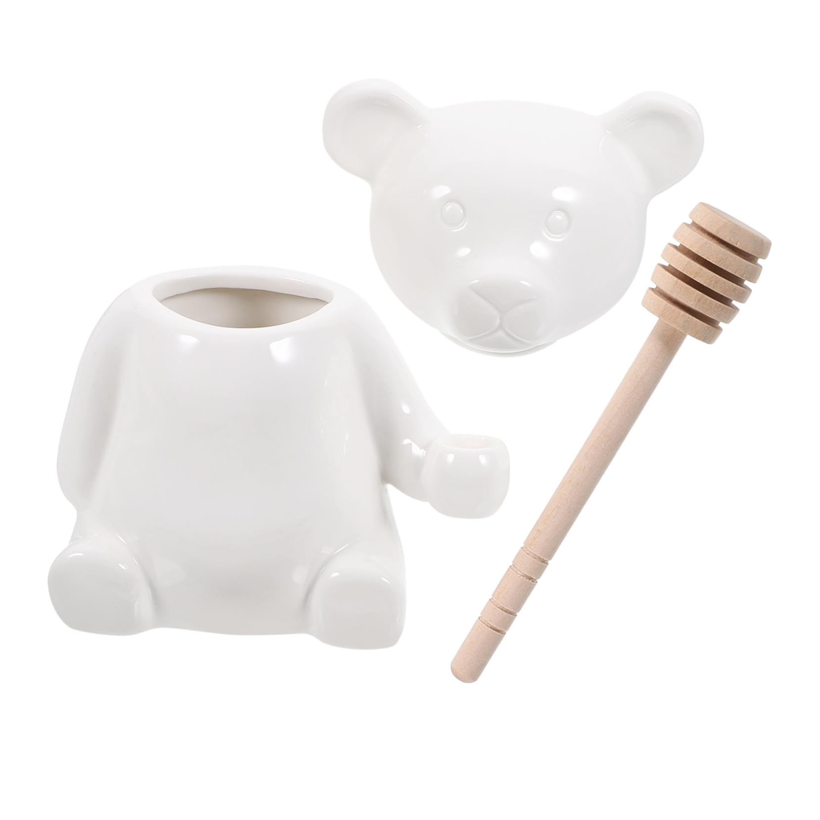 純白製クマ型蜂蜜瓶 木製ディッパー付き 多用途ジャム 調味料 茶葉保存容器 キッチン用乾物キャニスター
