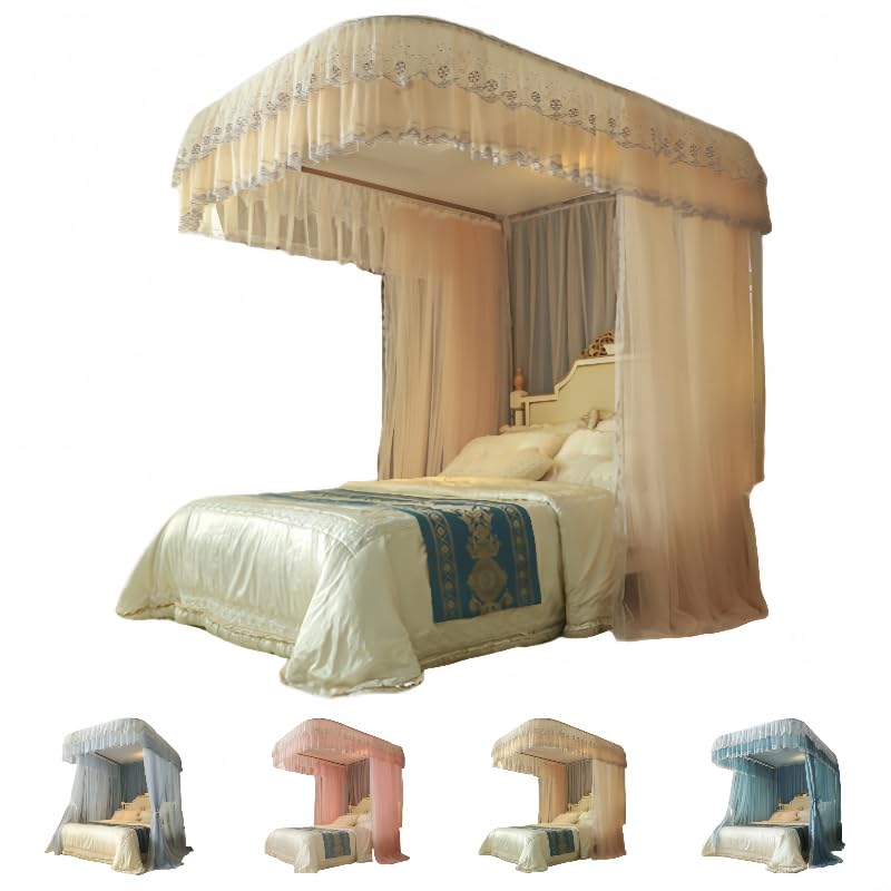 天蓋蚊帳 天蓋カーテン プリンセスベッドキャノピー蚊帳4コーナーポストキャノピーカーテン二重層刺繍..