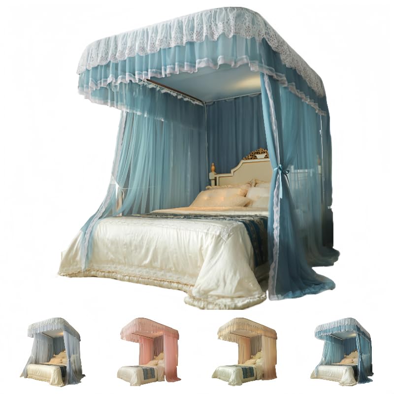 天蓋蚊帳 天蓋カーテン プリンセスベッドキャノピー蚊帳4コーナーポストキャノピーカーテン二重層刺繍..