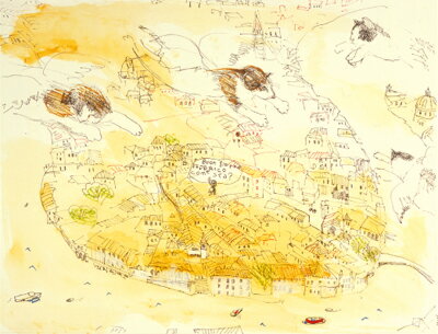 乐天商城 - 久下 貴史 絵画・アート(版画額装品)/フェデリコ、ベニスを飛ぶ/ねこ・ネコ・猫