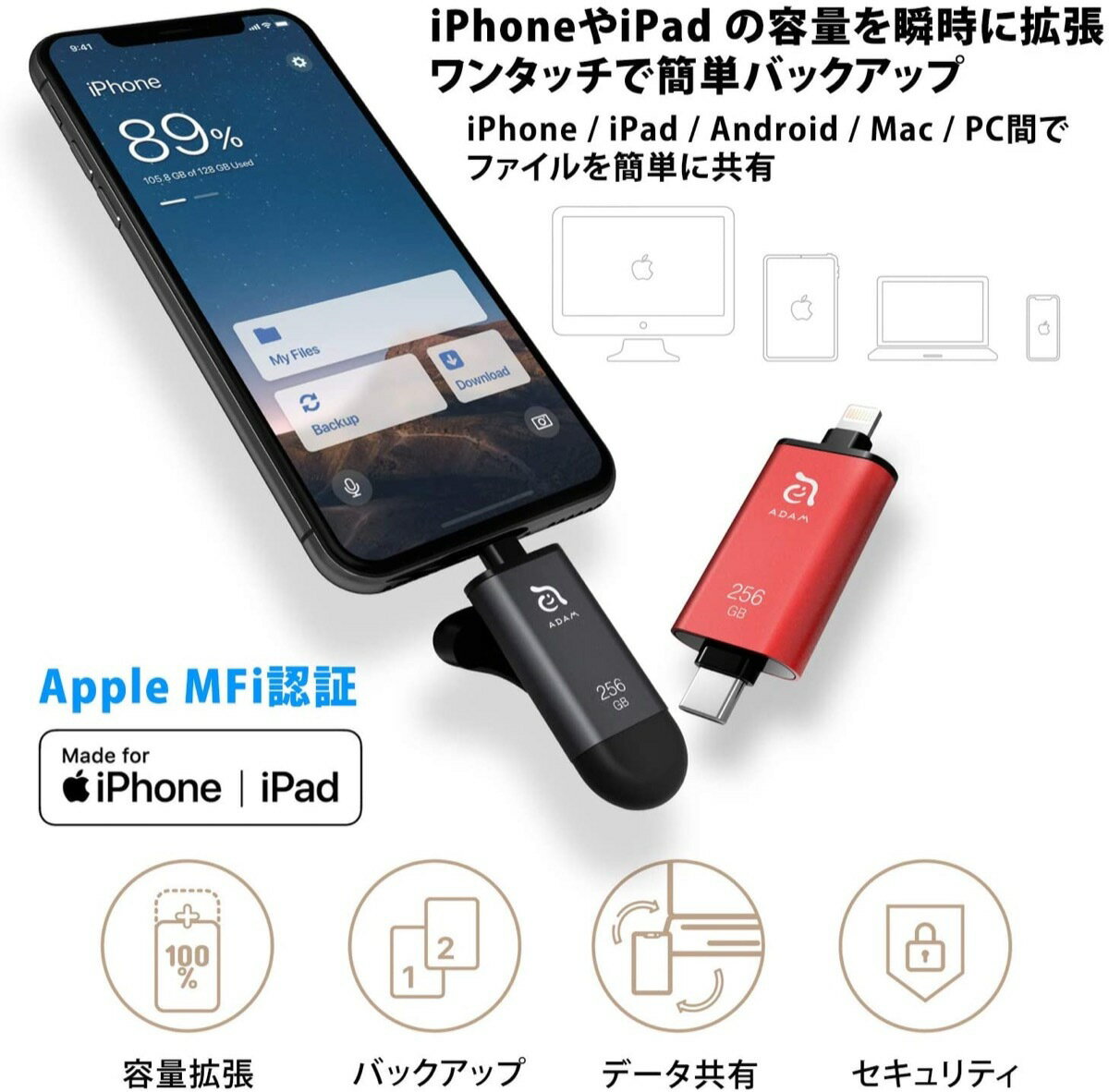 Adam Elements Iklips C 256gb Lightning Usbメモリ Usb Type C Iphone Ipad Mfi認証 Android アンドロイド ライトニング 簡単 バックアップ 拡張 アイクリプス アダムエレメンツ 3c Iklips C 256gb Apマーケット