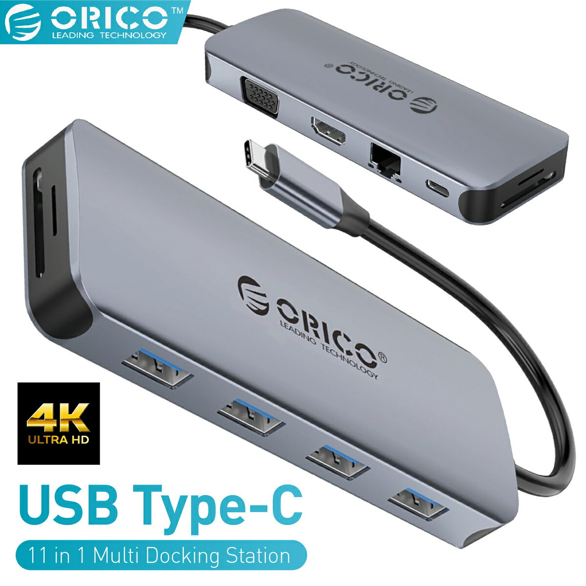 ORICO MC-U111P USB Type-C マルチ ドッキングステーション ハブ PD3.0 USB3.0 5Gbps 4K HDMI FHD VGA 100W 給電 充電 SDカード microSD RJ45 ギガビット LAN 3.5mm オーディオジャック ポート アルミ MacBook Pro Air iPad MC-U111P-V1-GY-BP オリコ (05)