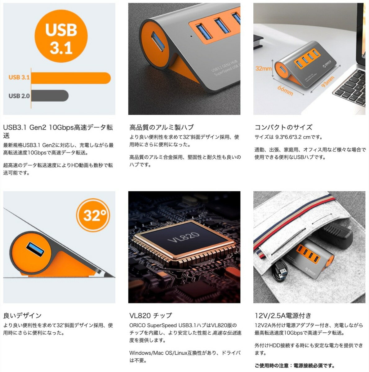 ORICO M3H4-G2 USB3.1 Gen2 4�ݡ��� �ϥ� USB�ϥ� 10Gbps ��®ž�� ����եѥ 12V 2A �Ÿ������ץ��� 1m USB�����֥� ��° ���� ���� ����ߥ˥��� ����� ���졼 HUB VL820 OTG ����ѥ��� �Х��ѥ �ɥ饤�С����� Windows Mac OS Linux ���ꥳ (05)