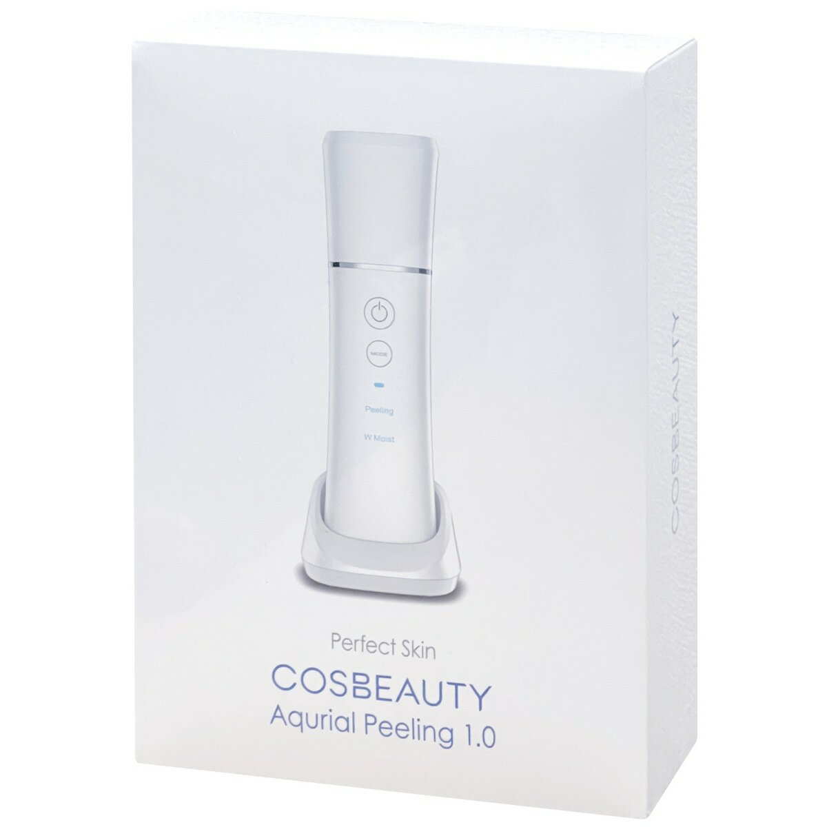 COSBEAUTY CB-035 Aqurial Peeling 1.0 アクアリルピーリング 美顔器 多機能 超音波 イオン IPX5 防水 ピーリング Wモイスト イオン導入 角質ケア ホワイト レッド プレゼント 女性 母の日 コスビューティー (06) ホームエステ初心者でも、自宅で気軽にエステサロンのようなスペシャルケアを体験。 COSBEAUTY CB-035 Aqurial Peeling 1.0 アクアリルピーリング “洗浄・イオン誘導”という2つの機能に特化たアクリアルピーリング1.0。水と超音波で毛穴の汚れを浮かして吹き飛ばし、化粧品の美容成分を肌の角質層まで浸透させ、うるおいのある肌へ導きます。ホームエステ初心者でも、自宅で気軽に、エステサロンのようなスペシャルケアを体験できます。●ピーリングモード＝超音波超音波が瞬時に振動し、黒ずみや毛穴の奥の汚れを浮かせます。お水しか使わないので肌に優しい。●Wモイスト＝イオン誘導＋超音波イオンと超音波振動のW作用でうるおいある肌へ浸透させ、美容パックの上からでも使えるのでビタミンCなどの角質層までの浸透をサポートします。型番 CB-035カラー パールホワイト、ワインレッドJAN 4573253672202 超音波が振動し、黒ずみや毛穴の奥の汚れを浮かせる 汚れを浮かして吹き飛ばし、 化粧品の美容成分を浸透 イオンと超音波振動のW作用でうるおいある肌へ ●型番パールホワイト CB-035-W01ワインレッド CB-035-R01　　　●サイズ本体 約W47/D19/H160（mm）パッケージ W140/D195/H52（mm）●商品重量約179g（本体/約106g　充電台座/約73g）●電源 充電式●充電期間 2〜3時間●動作時間 連続使用で約2時間●セット内容本体、充電台座、ACアダプター、取扱説明書（保証書付） 1