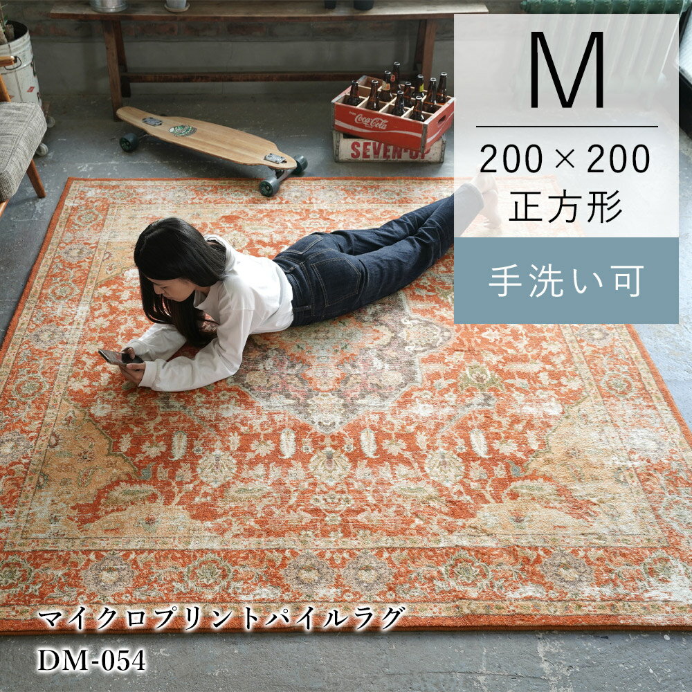 マイクロプリントパイルラグ DM054 約200×200cm 幾何学模様 デザイン ペルシャ 絨毯 カーペット 正方形 洗える おし…