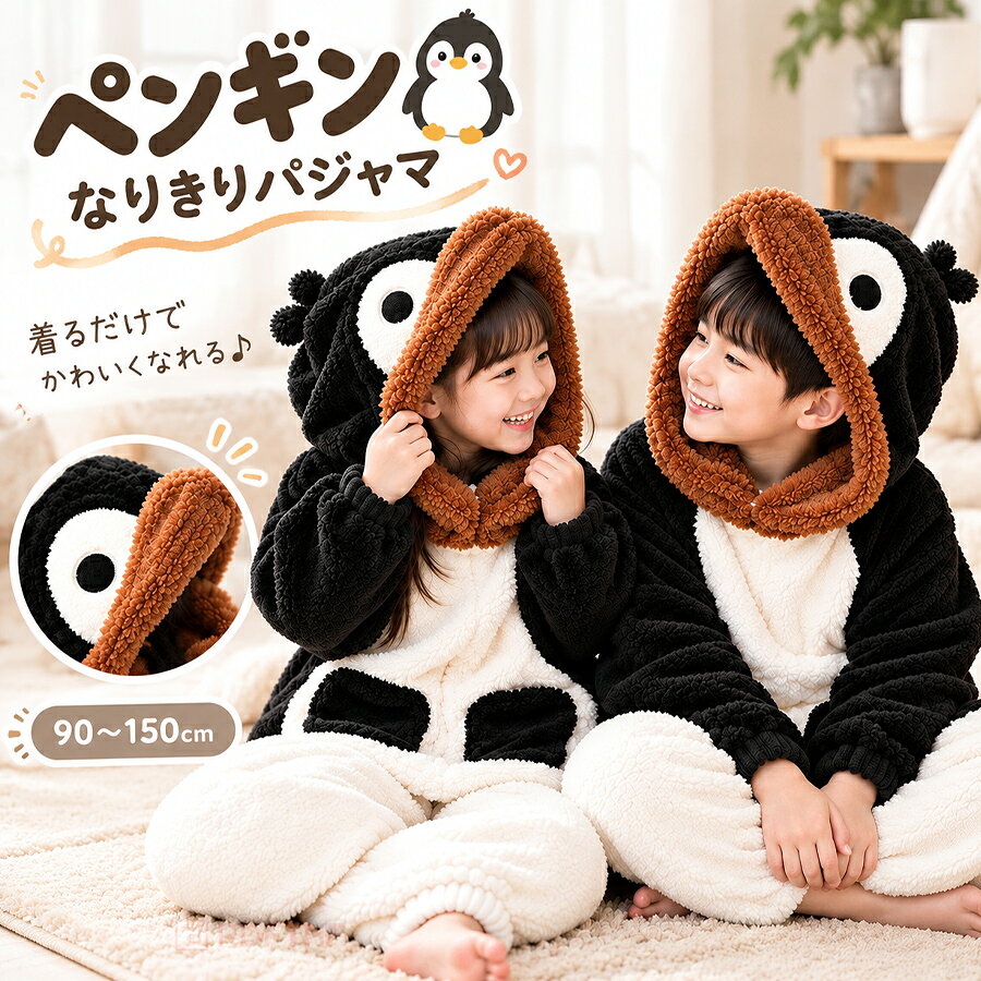 ペンギン 着ぐるみ パジャマ キッズ 子供 もこもこ ふわふわ 上下セット 長袖 ルームウェア 秋冬 冬 防寒 保温 あったか フード付き 男の子 女の子 部屋着 寝巻き 寝間着 コスプレ ハロウィン 仮装 プレゼント 90 100 110 120 130 140 150 160cm