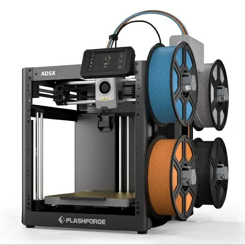 AD5X｜4色の表現を、ひとつのモデルに。FLASHFORGE AD5Xは、IFSで最大4色のフィラメントを自動切り替えできる3Dプリンターです。220mm角の造形エリアと自動レベリングを備え、多色の模型・作品づくりに対応します。最大4色の多色プリントIFSマルチカラーモジュールがフィラメントを自動切り替え。同じ色のフィラメントが切れた際に次のフィラメントへ切り替える機能も備えています。準備を助ける自動レベリングノズルとプラットフォームの高さの違いを検出し、自動で補正。造形前の調整をサポートします。クイック交換ノズルとPEI鋼板用途に応じてノズル径を選択できます。標準は0.4mm。取り外し可能なPEI鋼板プラットフォームで造形物を取り出せます。製品仕様メーカーFLASHFORGEモデル名AD5X型番FFA-105X保証1年最大造形サイズ220×220×220mm多色造形IFSによる最大4色の自動切り替えエクストルーダーダイレクト式／シングルヘッド・シングルノズル造形速度10～300mm/s（最高移動速度600mm/s）最高加速度20,000mm/s^2造形精度±0.2mm（ベンチマーク：100mmブロック）位置決め精度X/Y軸：0.0125mm、Z軸：0.0025mm積層ピッチ0.1～0.4mmノズル径0.4mm標準／0.25・0.6・0.8mmは別売最高ノズル温度300℃最高プラットフォーム温度110℃プラットフォーム取り外し可能なPEI鋼板対応フィラメントPLA／PETG。TPU・PLA-CF・PETG-CFは0.6／0.8mmノズル推奨本体サイズ363×402×448mm（スプールホルダーを除く）梱包サイズ440×440×515mmスライサーソフトOrca-Flashforge通信方式Wi-Fi／イーサネット／USBメモリタッチパネル4.3インチフルカラーレベリングワンクリック自動レベリング（プラットフォーム圧力センサー）主要機能フィラメント切れ検出／停電復旧付属品PLA（高速）フィラメント10g×4（リールなし）、電源ケーブル、工具類、フィラメントホルダー、グリース、のりよくある質問Q. どのくらいの大きさまで造形できますか？A. 最大造形サイズは幅220×奥行220×高さ220mmです。Q. 600mm/sで常に印刷できますか？A. 600mm/sは最高移動速度です。仕様上の造形速度は10～300mm/sで、実際の速度は材料・形状・スライサー設定などにより異なります。Q. どのフィラメントを使えますか？A. PLA・PETGに対応。TPU・PLA-CF・PETG-CFは0.6／0.8mmノズルが推奨されています。IFSでの給材条件は素材ごとに異なるため、購入前にお問い合わせください。Q. 保証と修理の案内は？A. 保証期間は1年です。センドバック修理に備えて購入時の梱包箱を保管してください。箱の再手配は保証期間内でも別料金となります。Q. 日本語マニュアルはありますか？A. 日本語取扱説明書とソフトウェアはFLASHFORGE JAPAN公式サイトからダウンロードできます。