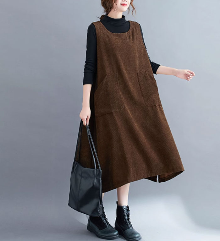 ジャンパースカート ロング ミモレ丈 コーデュロイ ゆったり 体型カバー 大きいサイズ シンプル おしゃれ レトロ 大人可愛い ワンピース ノースリーブ カジュアル ガーリー 大人コーデ お出かけ デート 普段使い デイリー 着回し 送料無料