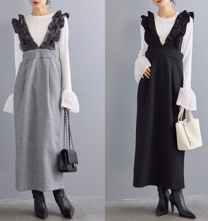 ジャンパースカート ロング丈 ノースリブ 無地 深Vネック 重ね着 レイヤード スリット入り きれいめ カジュアル フォーマル 着痩せ効果 体型カバー 雰囲気 オフェス 大人可愛い 通勤 送別会 入社式 フリル付き