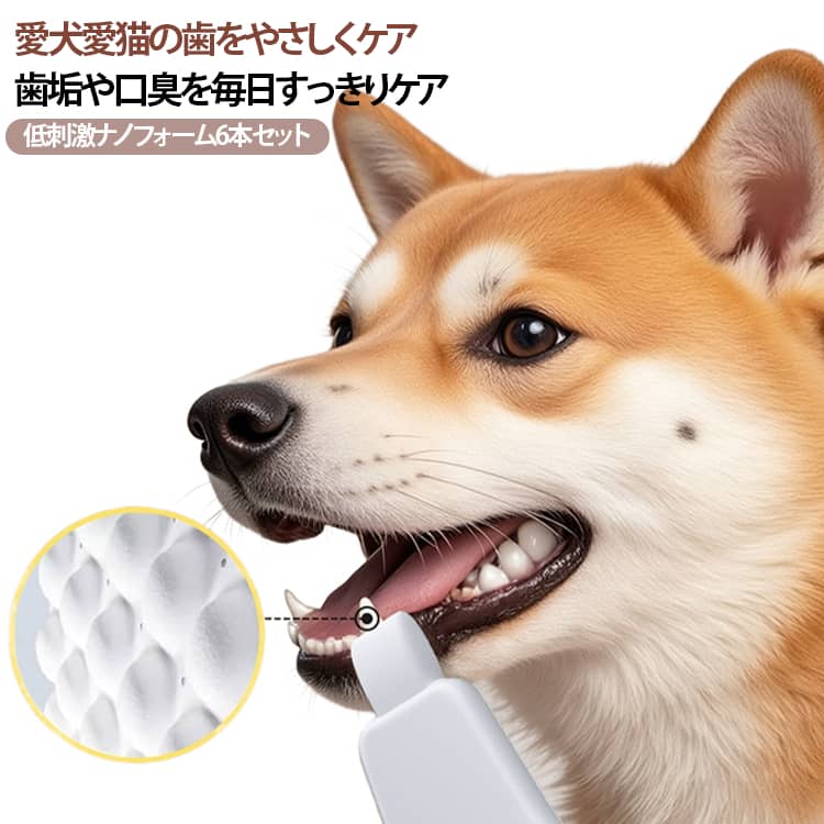 愛犬・愛猫の毎日の口腔ケアに犬・猫の歯磨きに使いやすいペット用ナノフォーム歯磨きケア用品。水に濡らしてこするだけ。ワンちゃん・ネコちゃんの歯垢や黄ばみをやさしくケアできるペット用歯磨きクリーナーです。特殊なナノフォームが歯の汚れをやさしく絡め取り、歯垢や黄ばみを物理的に除去。研磨剤不使用で、歯を傷つけにくい設計です。犬・猫どちらにも使えるので、多頭飼いにも便利。スポンジを水に濡らして歯を軽くこするだけ。歯磨きが苦手なペットにも使いやすい簡単仕様です。歯垢や汚れを落とすことで、気になる口臭ケアにも役立ちます。先端形状で奥歯や細かい部分にも届きやすく、歯の表面・裏側までしっかりケアできます。6本セットなので、交換用としてストックしたり、複数のペットで使い分けたりするのにも便利です。 サイズ 6本セット サイズについての説明 F 素材 ナノフォーム 色 ホワイト 備考 ●サイズ詳細等の測り方はスタッフ間で統一、徹底はしておりますが、実寸は商品によって若干の誤差(1cm～3cm )がある場合がございますので、予めご了承ください。 ●製造ロットにより、細部形状の違いや、同色でも色味に多少の誤差が生じます。 ●パッケージは改良のため予告なく仕様を変更する場合があります。 ▼商品の色は、撮影時の光や、お客様のモニターの色具合などにより、実際の商品と異なる場合がございます。あらかじめ、ご了承ください。 ▼生地の特性上、やや匂いが強く感じられるものもございます。数日のご使用や陰干しなどで気になる匂いはほとんど感じられなくなります。 ▼同じ商品でも生産時期により形やサイズ、カラーに多少の誤差が生じる場合もございます。 ▼他店舗でも在庫を共有して販売をしている為、受注後欠品となる場合もございます。予め、ご了承お願い申し上げます。 ▼出荷前に全て検品を行っておりますが、万が一商品に不具合があった場合は、お問い合わせフォームまたはメールよりご連絡頂けます様お願い申し上げます。速やかに対応致しますのでご安心ください。