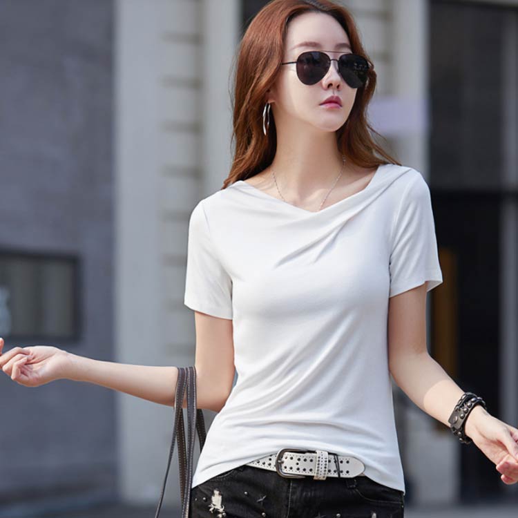 アシンメトリー Tシャツ クロップド丈 Tシャツ 半袖 アシメショルダー ドレープネック 半袖tシャツ 変形ネック オレンジ アシメネック 肌見せ カットソー インナー 無地 シンプル レディース ホワイト ブラック ブルー