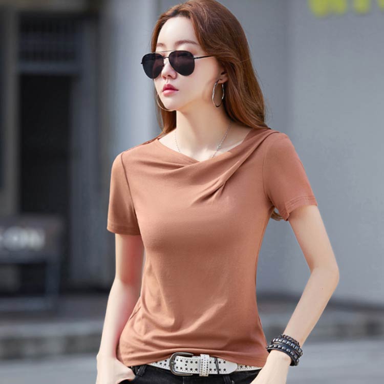 アシンメトリー Tシャツ クロップド丈 Tシャツ 半袖 アシメショルダー ドレープネック 半袖tシャツ 変形ネック オレンジ アシメネック 肌見せ カットソー インナー 無地 シンプル レディース ホワイト ブラック ブルー