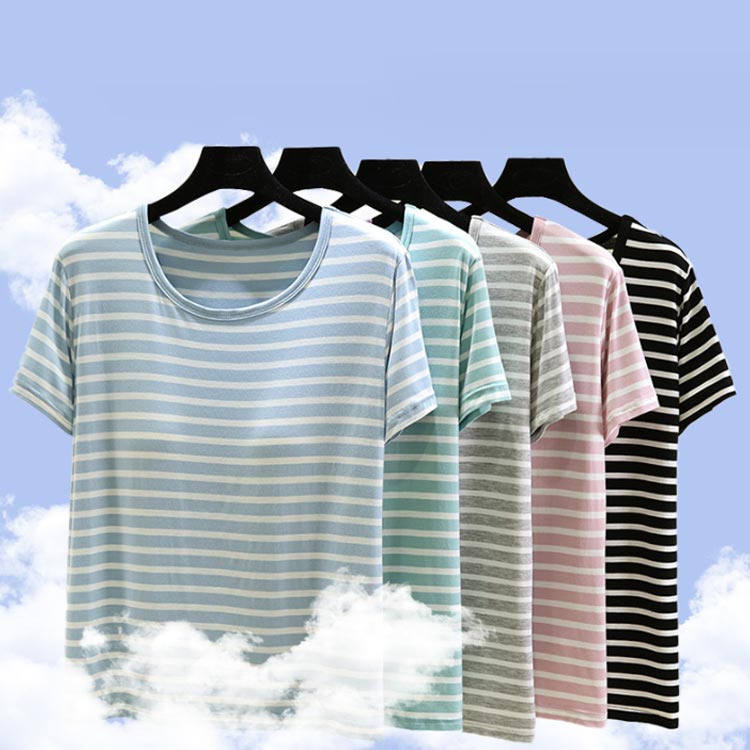 カップ付き Tシャツ レディース 半袖Tシャツ 夏 春秋 薄手 トップス 涼しい 大きいサイズ ボーダー柄 ルームウェア 部屋着 パジャマ 可愛い アンダーフリー ゴムなし 柔らかい 締め付けない ナイトウェア 快適