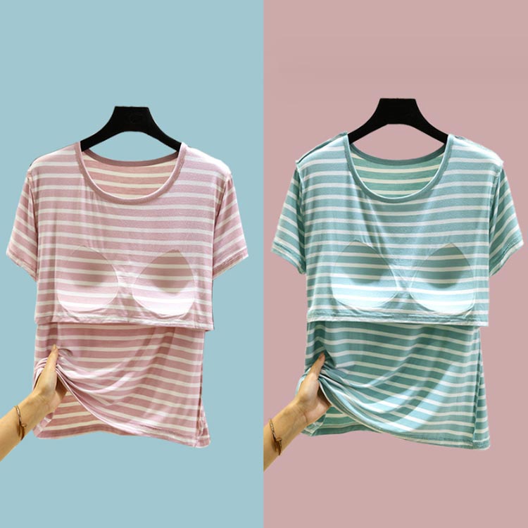 カップ付き Tシャツ レディース 半袖Tシャツ 夏 春秋 薄手 トップス 涼しい 大きいサイズ ボーダー柄 ルームウェア 部屋着 パジャマ 可愛い アンダーフリー ゴムなし 柔らかい 締め付けない ナイトウェア 快適