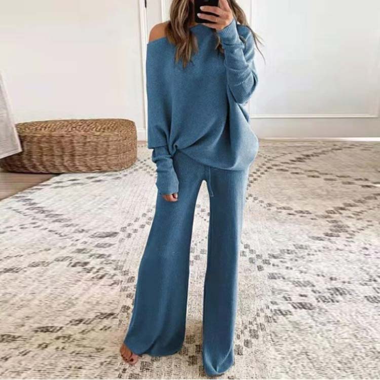 セットアップ レディース 長袖 パンツ 上下セット 肩開き オフショルダートップス ワイドパンツ ウエストゴム 2点セット 無地 シンプル ゆったり きれいめ カジュアル 春服 秋服
