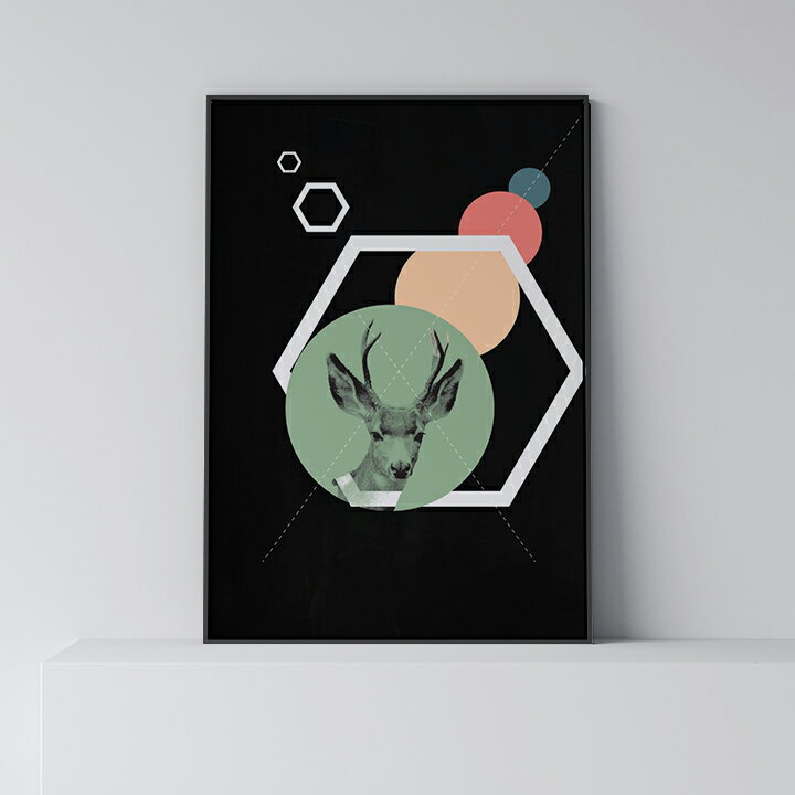 ポスター 北欧 おしゃれ インテリア アート アートパネル 【 Circles hex deer 】 シカ 動物 モノクロ シカ モダン シンプル フレーム付き A0 A1 B1 A2 B2 A3 B3