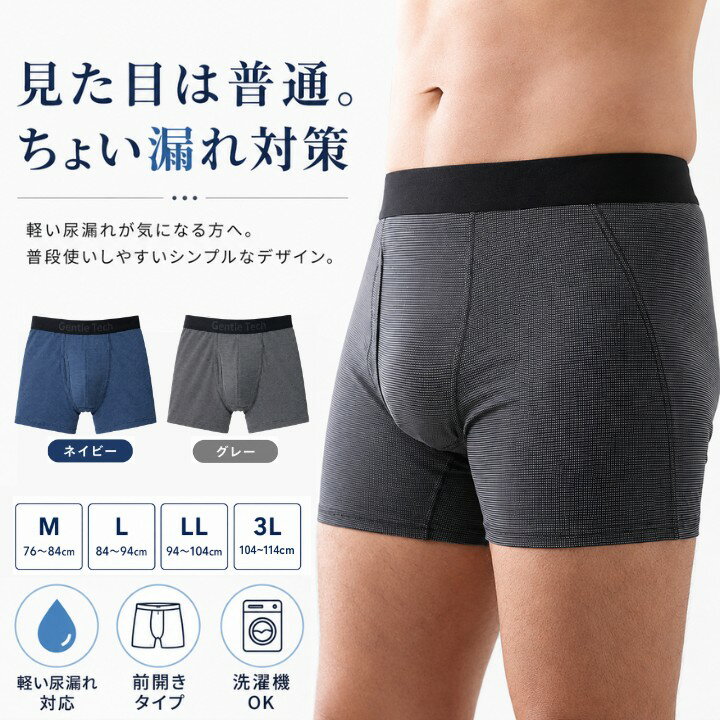 2枚組 ちょい漏れパンツ メンズ 20cc 尿漏れパンツ 前開き ボクサーパンツ 吸水 防水 前面2層 洗濯機OK 速乾 目立ちにくい 軽度失禁 M L LL 3L ネイビー グレー アップル本舗 あっぷる