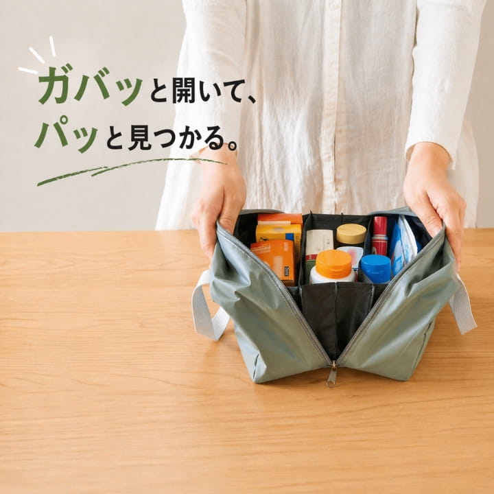 Rakuten - 収納ポーチ ボックス型 大開口 RU2289840 コの字ファスナー 自立 仕切り 持ち手付き 薬ポーチ メイクポーチ ガジェットポーチ サプリ 収納 セージグリーン 軽量 整理整頓 出し入れ簡単 旅行 おしゃれ アップル