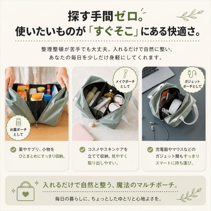 収納ポーチ ボックス型 大開口 RU2289840 コの字ファスナー 自立 仕切り 持ち手付き 薬ポーチ メイクポーチ ガジェットポーチ サプリ 収納 セージグリーン 軽量 整理整頓 出し入れ簡単 旅行 おしゃれ アップル applehonpo-10002213 あっぷる本舗 サンプル画像3