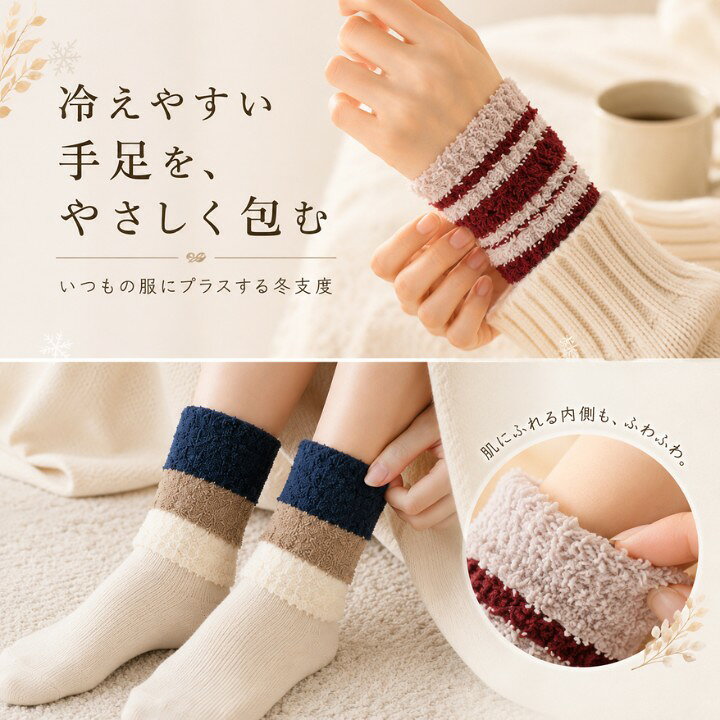 【商品紹介】 冷えやすい手首や足首を、いつもの服に重ねるだけでやさしく包む2WAYふわもこウォーマーです。手袋や厚い靴下ほど大げさにしたくない日も、約9x20cmのコンパクトな筒型をさっと着けるだけ。在宅ワーク、通勤、通学、おうち時間、寝る前の足元ケアまで、冷えやすい部分にぬくもりを足しながら、冬の装いにかわいいボーダーのアクセントを添えられます。 【商品特徴】 ・手首にも足首にも使える2WAY仕様で、気温や服装に合わせて冷えやすい部分を手軽にカバーできます。 ・約9x20cmの扱いやすいサイズで、ニット袖や靴下に重ねても大げさになりにくく毎日使いやすいです。 ・ふわもこした毛足のある素材感で、肌にふれる内側までやさしく包み込みます。 ・ボーダー配色が冬コーデのアクセントになり、シンプルな服にもかわいらしさを足せます。 ・靴下の上から重ねやすく、室内の足元冷えや外出時の足首まわりにぬくもりをプラスできます。 ・ボルドー、グレー、ネイビーの3色展開で、手持ちの服や気分に合わせて選べます。 ・コンパクトで持ち運びしやすく、オフィス、旅行、学校、リビングなど必要な場所で使いやすいです。 【作り手の想い】 冬の手元や足元は、少しのすき間から冷えを感じやすく、厚手の靴下や手袋だけでは室内作業や外出時に使いにくいことがあります。そこで、いつものニット袖や靴下に重ねやすく、手首にも足首にも使える小さなウォーマーを考えました。約9x20cmの扱いやすいサイズにすることで、家の中でも外出先でも必要な場所にさっと着けられます。ふわもこした毛足で肌にふれる面までやわらかく、ボーダー配色は服になじみながら冬らしいアクセントに。左右を選びにくいシンプルな形なので、忙しい朝にも迷わず使えます。朝の支度、在宅ワーク、寝る前のくつろぎ時間まで、冷えやすい部分だけにぬくもりを足して、毎日の装いをもっと快適に楽しめるように仕上げています。 【商品詳細】 サイズ：約9x20cm 素材：ふわもこニット素材 仕様：2個1組、手首足首兼用、ボーダーデザイン、伸縮性あり 開閉：なし 重さ：約45g前後 カラー：ボルドー、グレー、ネイビー 対象：レディース、大人、冷えやすい手首や足首をカバーしたい方 用途：室内、外出、通勤、通学、在宅ワーク、デスクワーク、おうち時間、冬のギフト 【関連ワード】 手首ウォーマー 足首ウォーマー レッグウォーマー アームウォーマー ふわもこウォーマー 2WAYウォーマー アンルー RL48025 冬小物 防寒小物 冷え対策 温活 手首 足首 手元 足元 手首足首兼用 ふわもこ ボーダー ボーダーデザイン レディース 女性 大人 かわいい おしゃれ カジュアル ナチュラル やわらかい 肌ざわり ぬくもり 暖かい あったか 伸縮 伸縮性 約9cm 約20cm コンパクト 軽量 持ち運び 室内 屋外 おうち時間 在宅ワーク デスクワーク 勉強 読書 通勤 通学 外出 散歩 旅行 冬コーデ 秋冬コーデ ニット 袖口 靴下 重ね履き スニーカー ルームソックス ルームウェア 部屋着 パジャマ 寝る前 冷えやすい手 冷えやすい足 手先 足先 手首冷え 足首冷え 寒さ対策 エアコン対策 冬支度 クリスマス 誕生日 敬老の日 プレゼント ギフト プチギフト 自分用 彼女 母親 友達 同僚 家族 ボルドー グレー ネイビー 赤紫 灰色 紺色 3色 配色 切り替え 毛足 もこもこ ふんわり ソフト リラックス デイリー 普段使い 手首ウォーマー 足首ウォーマー レッグウォーマー アームウォーマー ふわもこウォーマー 2WAY 手足兼用 アンルー RL48025 冬 防寒 冷え対策 温活 レディース 女性 大人 母 彼女 友達 同僚 家族 自分用 誕生日 クリスマス 敬老の日 プレゼント ギフト 冬小物 秋冬小物 ボーダー かわいい おしゃれ ナチュラル カジュアル ふわもこ もこもこ ふんわり やわらかい 肌ざわり ソフト 毛足 伸縮性 伸びる 約9cm 約20cm 9x20cm コンパクト 軽量 持ち運び 2個1組 手首 足首 手元 足元 手先 足先 手首冷え 足首冷え 冷えやすい手 冷えやすい足 寒さ対策 室内 屋外 在宅ワーク デスクワーク パソコン作業 勉強 読書 家事 台所 リビング 寝室 寝る前 くつろぎ おうち時間 通勤 通学 外出 散歩 旅行 オフィス 学校 ニット 袖口 靴下 重ね履き スニーカー ルームソックス ルームウェア 部屋着 パジャマ 冬コーデ 秋冬コーデ 手首に使える 足首に使える 靴下に重ねる ニット袖に重ねる 袖口アクセント 足元アクセント すきま風対策 冷える季節 冷房対策 エアコン対策 ボルドー グレー ネイビー 赤紫 灰色 紺色 Bordeaux Gray Navy ボルドーボーダー グレーボーダー ネイビーボーダー 3色 選べる 配色 切り替え バイカラー トリコロール かわいい色 冬らしい色 普段使い デイリー リラックス 洗濯ネット推奨 かさばりにくい 小さめ 小物 雑貨 防寒グッズ あったかグッズ 暖かい ぬくもり 冬支度 冷え込む朝 夜の冷え 足首カバー 手首カバー ウォーマー小物冷えやすい手首や足首に、いつもの服の上からふんわり重ねられる冬小物です。手首に着ければニット袖から見えるボーダーがかわいいアクセントになり、足首に着ければ靴下の上からすき間を包むように使えます。厚手の防寒具を増やすほどではないけれど、手元や足元の冷えが気になる時にちょうど良い使い心地。おうち時間、在宅ワーク、通勤前の支度など、毎日の冬支度に自然に取り入れられます。 ボルドー、グレー、ネイビーの3色を並べたバリエーション画像です。どの色も冬らしいボーダー配色で、かわいらしさと使いやすさのバランスが魅力。幅約9センチ、丈約20センチのサイズ感で、手首にも足首にも使いやすく、手元の冷えや足元の冷えが気になる方に向いています。自分用はもちろん、寒い季節のちょっとしたギフトにも選びやすい、見た目にもやさしいふわもこウォーマーです。 手首にも足首にも使えることがひと目で伝わる、ふわもこウォーマーの全体イメージです。カラーはボルドー、グレー、ネイビーの3色。手首に着けると袖口のアクセントになり、足首に着けると靴下との重ね着で足元をふんわり包みます。肌にふれる内側もふわっとした質感で、寒い日もやさしい着け心地。冷えやすい部分だけを手軽にカバーしたい方に使いやすい冬小物です。 気分や装いに合わせて使える4つの着用シーンを紹介しています。手首に着ければ作業中の手元を包み、足首に着ければ靴下の上から足元にぬくもりをプラス。ニットの袖口から見せたり、スニーカーと靴下に合わせたりと、実用性だけでなく見た目の楽しさもあります。ひとつ持っておくと、室内、外出、通勤、通学など幅広い場面で使いやすい手足兼用ウォーマーです。 毛足の表情や、ボーダー部分の切り替え、ふんわりとした履き口がよく分かるアップ画像です。ふわもこした素材感が見た目にもあたたかく、手首や足首に触れる部分までやさしく包みます。ボーダー配色は単調になりすぎず、冬のニットやルームウェアにも合わせやすい雰囲気。肌ざわりを重視したい方、冷え対策小物もかわいく選びたい方にぴったりです。 グレーボーダーを手首と足首に着用したイメージです。ひとつで着ける場所を選べるため、朝は手首、夜は足首など生活に合わせて使い分けできます。淡いブルーとアイボリーが入ったグレー配色は、やわらかく清潔感のある印象。派手すぎない冬小物を探している方や、通勤、通学、オフィスで使いやすいカラーを選びたい方にも取り入れやすいデザインです。 ボルドーを手首に、ネイビーを足首に合わせた着用イメージです。いつものニットや靴下に重ねるだけで、冬らしいぬくもりと色のアクセントを足せます。手元に使うと袖口が華やかになり、足元に使うと靴下まわりをふんわりカバー。冷え対策をしながらおしゃれも楽しみたい方に向いています。室内のくつろぎ時間から近所への外出まで、幅広く使える小物です。 3色それぞれのボーダー配色と、毛足のふんわり感が分かる画像です。ボルドーはかわいらしく、グレーはやさしく、ネイビーは落ち着いた印象。色の重なりが冬コーデに映え、シンプルな服にもほどよくアクセントを添えます。ニットやルームウェア、靴下との相性も良く、普段使いしやすいカラー展開です。色選びで迷う方にも比較しやすい画像です。 選ぶ楽しさと合わせる楽しさを表現した、3色のコーディネート例です。淡い服にグレーを合わせればやさしい印象に、スカートやニットにボルドーを合わせればかわいらしく、落ち着いた装いにはネイビーがなじみます。その日の気分やお気に入りの服に寄り添う冬小物として使えます。自分用に色違いで選んだり、寒がりな方への季節ギフトにも向いています。 サイズは幅約9センチ、丈約20センチ。手首にも足首にも使える、扱いやすいコンパクトなサイズ感です。伸縮性のある素材のため、着ける場所や重ねる服に合わせて自然になじみます。バッグにも入れやすく、オフィスや旅行先など冷えが気になる場所へ持ち運びやすいのも魅力。小さめの冬小物を探している方、足首だけでなく手首にも使いたい方に選びやすい仕様です。 カラーバリエーションはボルドー、グレー、ネイビーの3色です。ボルドーはかわいらしい赤み、グレーは淡いブルーを含むやさしい配色、ネイビーは落ち着いたベージュ系との組み合わせ。どの色もボーダーデザインで、手元や足元に冬らしさを添えます。服の色に合わせて選びたい方、家族や友人へのギフトで相手の雰囲気に合わせたい方にも選びやすい展開です。 ボルドーカラーは、赤みのあるボーダーと淡いベースカラーの組み合わせが魅力です。手首に着けると袖口からちらりと見える赤色がかわいらしく、冬のニットやスカートにもよく合います。足首に使えば、ルームソックスや白系の靴下とも相性が良く、あたたかみのある印象に。かわいい雰囲気の冬小物を探している方や、手元を明るく見せたい方におすすめしやすいカラーです。 グレーカラーは、グレー、淡いブルー、アイボリーのやさしいボーダー配色です。落ち着きがありながら暗くなりすぎず、シンプルなニットやルームウェアにも合わせやすい印象。オフィスや学校など、派手すぎない小物を選びたい場面にも使いやすいカラーです。手首に着けても足首に着けてもなじみやすく、清潔感のある冬コーデを楽しみたい方にぴったりです。 ネイビーカラーは、ネイビー、ベージュ、アイボリーの落ち着いた配色です。甘すぎない雰囲気で、カジュアルな服にもナチュラルな服にも合わせやすいのが魅力。足元に使うと靴下やスニーカーと自然になじみ、手首に使うと袖口をすっきり見せながらぬくもりを足せます。かわいさは欲しいけれど落ち着いた色を選びたい方に使いやすいカラーです。 お客様から頂きましたレビューです ★★★★★ 在宅ワーク中に手首が冷えるので購入しました。キーボードを打つ時も邪魔になりにくく、ふわっとした肌ざわりが気に入っています。 ★★★★☆ 足首に使いたくて選びました。靴下の上から重ねるとすき間が気になりにくく、部屋で過ごす時にちょうど良いです。色も写真通りかわいいです。 ★★★★★ 手首にも足首にも使えるので便利です。朝は手元、夜は足元に使っています。小さくてバッグに入れやすいのも良かったです。 ★★★★☆ グレーを購入しました。淡いブルーが入っていてやさしい雰囲気です。ニットの袖口から少し見える感じがかわいく、冬コーデに合わせやすいです。 ★★★★★ 母への冬ギフト用に選びました。厚すぎず、手首にも足首にも使えるところが良いと言っていました。自分用に色違いも欲しくなりました。 ご購入前によくあるご質問 Q1：手首と足首の両方に使えますか？ A：はい。筒型で伸縮性があるため、手首にも足首にも使いやすい仕様です。着用感には体型や重ねる衣類によって個人差があります。 Q2：サイズはどのくらいですか？ A：約9x20cmです。伸縮性のある素材のため、測り方や個体により多少の誤差が出る場合があります。 Q3：靴下の上から重ねて使えますか？ A：はい。画像のように靴下の上から足首に重ねて使えます。靴の種類や足首まわりのゆとりに合わせてご使用ください。 Q4：素材はチクチクしませんか？ A：ふわもこしたやわらかな肌ざわりの素材感です。肌あたりの感じ方には個人差があるため、気になる方は靴下や袖の上からの着用がおすすめです。 Q5：お手入れはどうすればよいですか？ A：毛足を長く保つため、洗濯ネットに入れてやさしく洗うことをおすすめします。乾燥機や強い摩擦は風合いを損ねる原因になる場合があります。