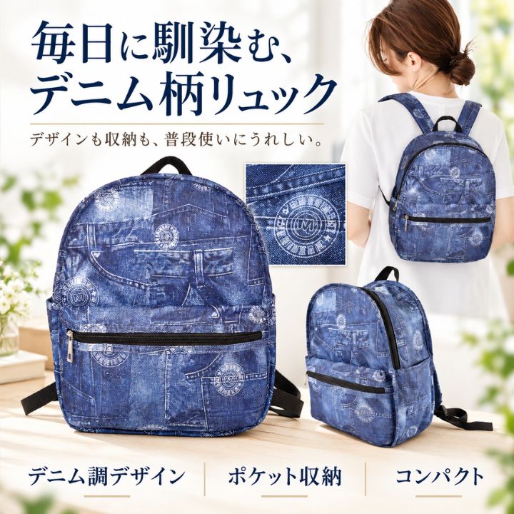 MERRIMENT メリーメント リュック レディース 軽量 デニム柄 プリント リュックサック RSN06604 小さめ コンパクト ポリエステル ネイビーブルー 前面ファスナーポケット2つ サイドポケット 内ポケット 通勤 通学 旅行 お買い物 大人カジュアル おしゃれ 普段使い