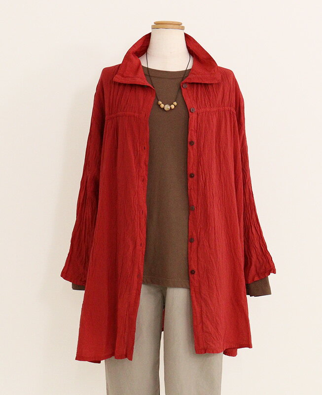 【難アリ・訳あり】アップルハウスボルドシャツ（赤系/綿混） ブラウス 長袖 後染め 羽織 前あき 日除..