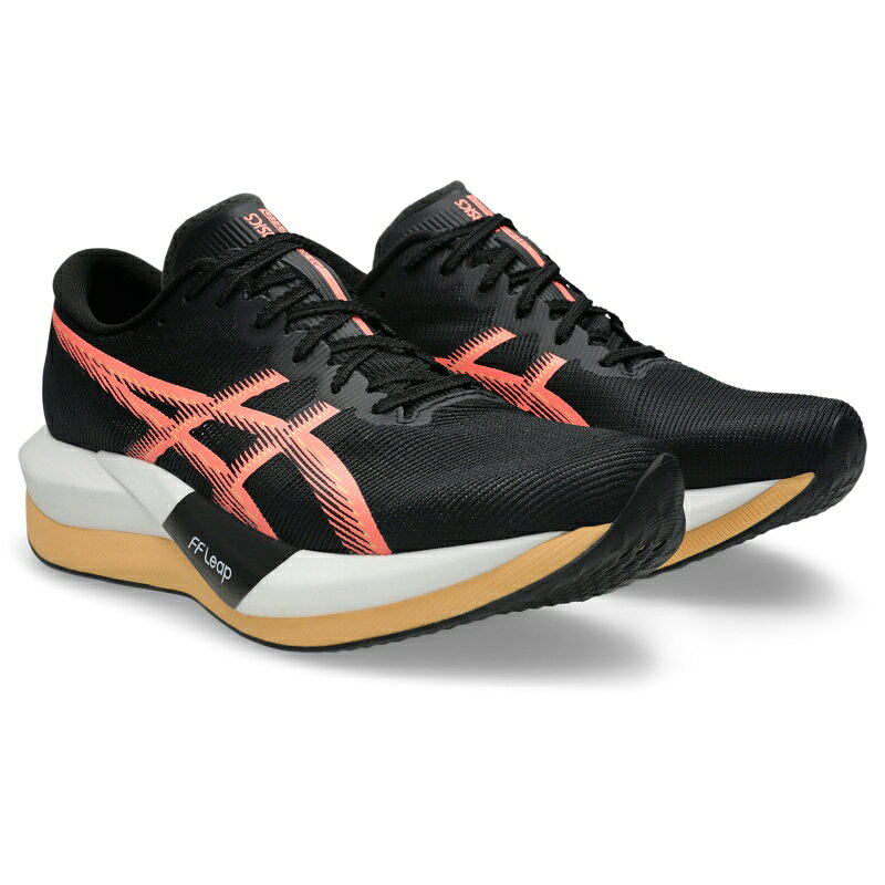 アシックス マジックスピード5 asics MAGICSPEED5 1013A183-002 ユニセックス ランニングシューズ 26faasr msp5 MAGIC SPEED 5 マジックスピード 5 ユニセックス ランニングシューズ 軽量で反発性、操作性を求めるランナーにおすすめなMAGIC SPEED 5 「MAGIC SPEED 5」は、レース本番だけでなくトレーニングシーンにもおすすめのカーボンプレートを搭載したランニングシューズです。本モデルは、中高生などより多くのランナーが使用できるよう、ソール全体の厚みを最大約37.5mm（40mm以下）としています。前モデルより約6mm薄くなったことで、約49グラム（27.0cm／片足重量）の軽量化を実現しました。また、これまで同様にカーボンプレートをミッドソール（甲被と靴底の間の中間クッション材）の前部から後部にかけて搭載し、蹴り出し時の足の動きを安定させ、効果的に身体を前方向へ推進させるようにしています。 ミッドソールは、アシックスのクッションフォーム材の中で最も軽く優れた反発性を発揮する「FF LEAP（エフエフリープ）」と「FF BLAST PLUS（エフエフブラストプラス）」を組み合わせて使用しており、上層部に「FF LEAP」を採用しています。着地と同時に変形、圧縮し、素早く元の形状に戻ることで、跳ね返るような感覚が得られ、ストライドを伸ばすことが可能になります。 アッパー（甲被）は、部位に応じて織り方や孔の大きさを変え通気性とフィット性を高めた「エンジニアードメッシュ」を採用しています。 靴底は、さまざまな路面コンディションでも優れたグリップ力を発揮する「ASICSGRIP（アシックスグリップ）」を採用しています。 こんなランナーにおすすめ ●自己記録更新を目指すランナー はじめてのカーボンプレート入りシューズにおすすめ。 二層のミッドソールが優れた反発性と安定感を提供し、自己最速をサポート。? ●駅伝やロードレースで記録更新を目指す学生ランナー 反発性と軽さで、駅伝やロードレース等で記録更新を目指すランナーにもおすすめ。 ＊世界陸連ルールに対応?（レース着用は12/13(土)から可能となります） ●レースに近い感覚でトレーニングしたいランナー METASPEED TOKYO Seriesに採用しているミッドソール素材、FF LEAPを上層部に採用。 スピード練習、テンポ走などのトレーニングシーンにおいてレースに近い感覚で走りたいランナーにもおすすめ。 品名： MAGIC SPEED 5/ マジックスピード 5 品番： 1013A183 色番：002：BLACK/SUN CORAL サイズ：22.5-30.0cm 幅/ラスト：STANDARD 素材名： アッパー/合成繊維・合成樹脂 アウターソール/ゴム底 インナーソール素材:合成樹脂(EVA)/固定式 本商品に使用している中敷は、初めは浮いている場合がございますが、ご使用を重ねるごとに接着が安定し、 最終的に固定される仕様になっております。あらかじめご了承ください。 備考： 足幅：STANDARD（標準） 靴底の最大の厚さ：約37.5 mm 生産地：ベトナム