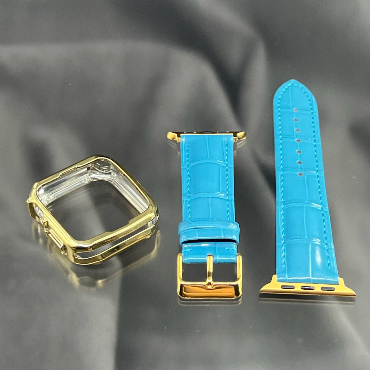 アップルウォッチ ゴールド クローム TPUケース スカイブルー ホール ラバー ベルト バンドホールバックル付き セット 49mm 45mm 44mm 41m...