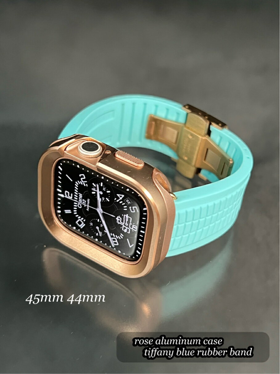 アップルウォッチ ローズ クローム ステンレス ケース ティファニーブルー ラバー ベルト 特殊 バックル付き セット 49mm 45mm 44mm 41mm 40mm ウルトラ ultra